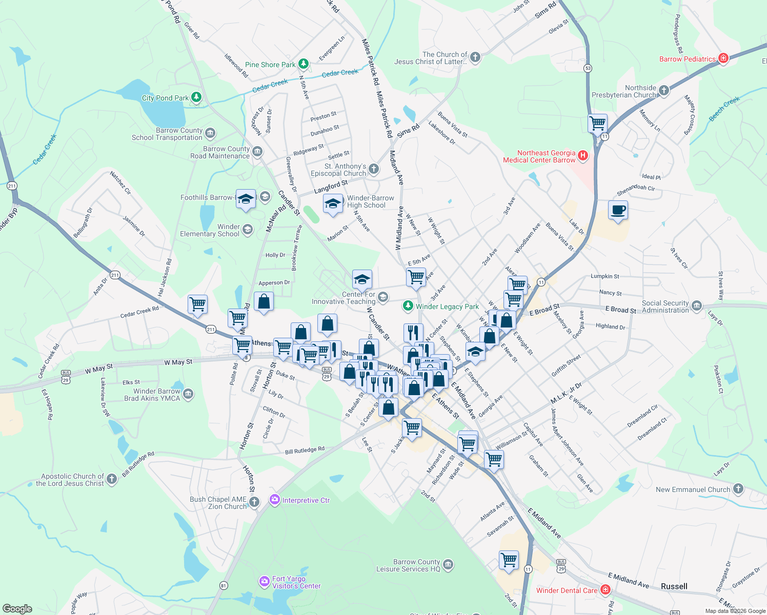 map of restaurants, bars, coffee shops, grocery stores, and more near 218 Bellview St in Winder