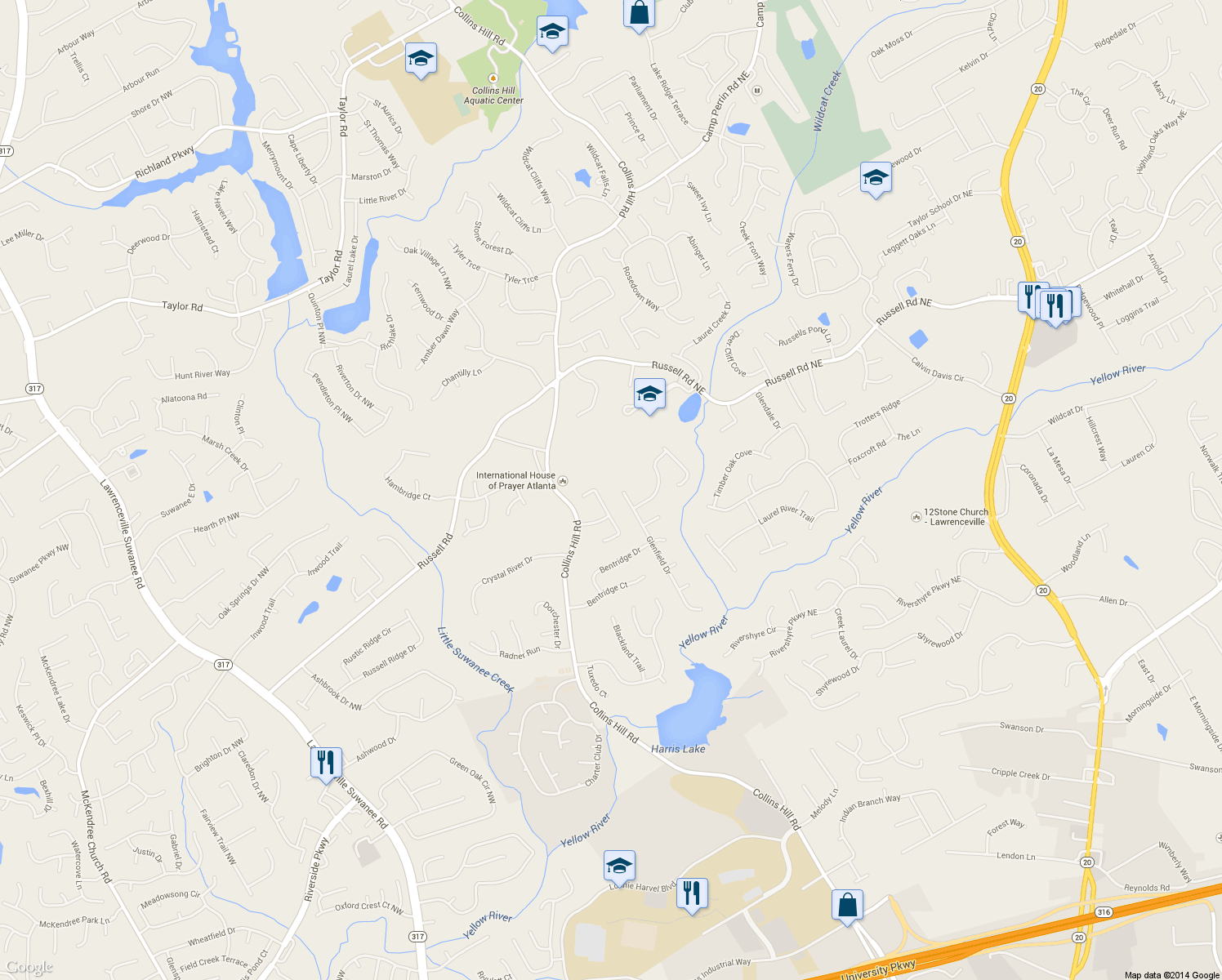 map of restaurants, bars, coffee shops, grocery stores, and more near 1624 Glenfield Drive in Lawrenceville