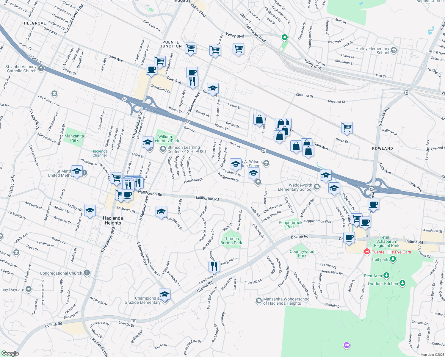map of restaurants, bars, coffee shops, grocery stores, and more near 16290 Wedgeworth Drive in Hacienda Heights