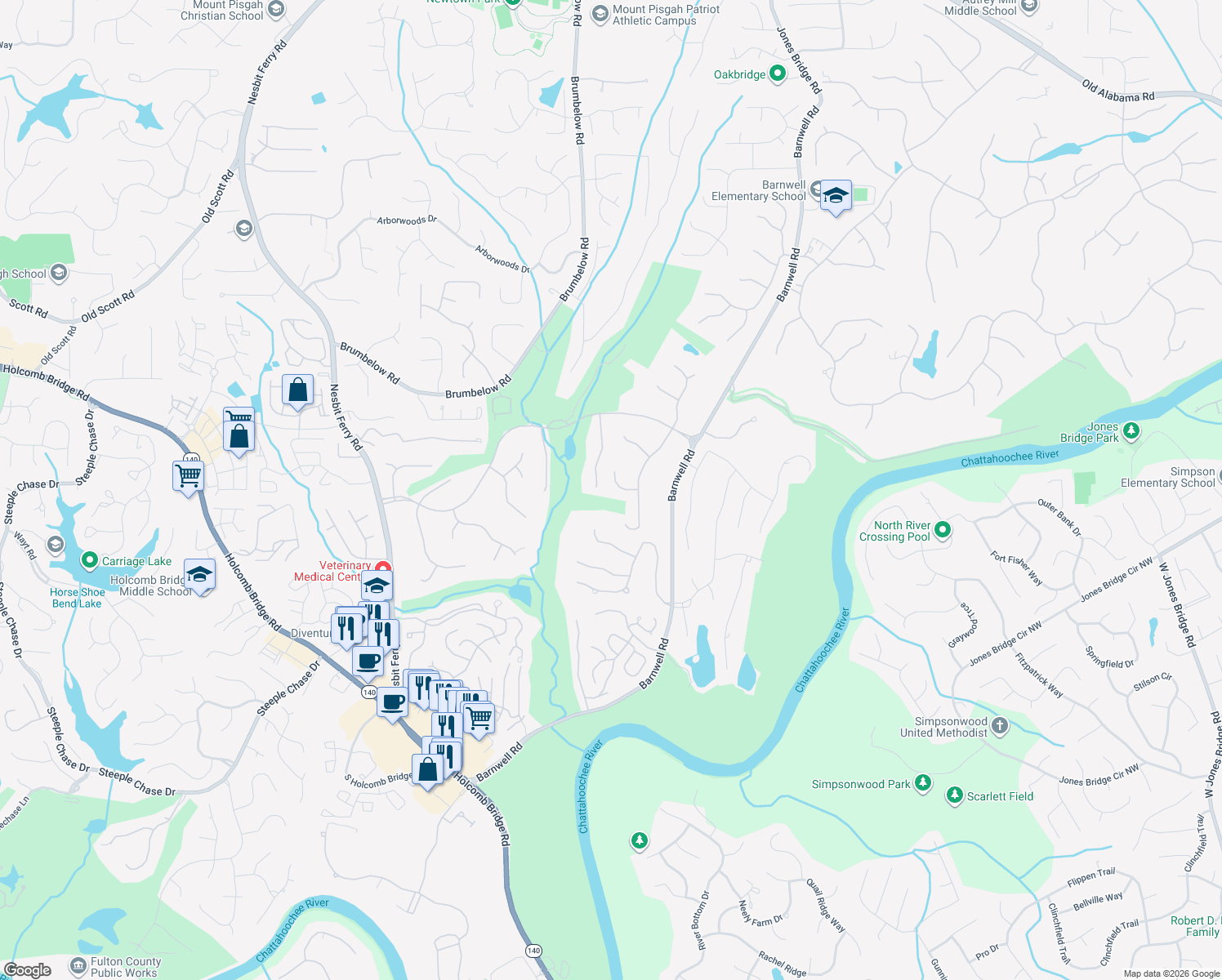 map of restaurants, bars, coffee shops, grocery stores, and more near 555 Matterhorn Way in Alpharetta
