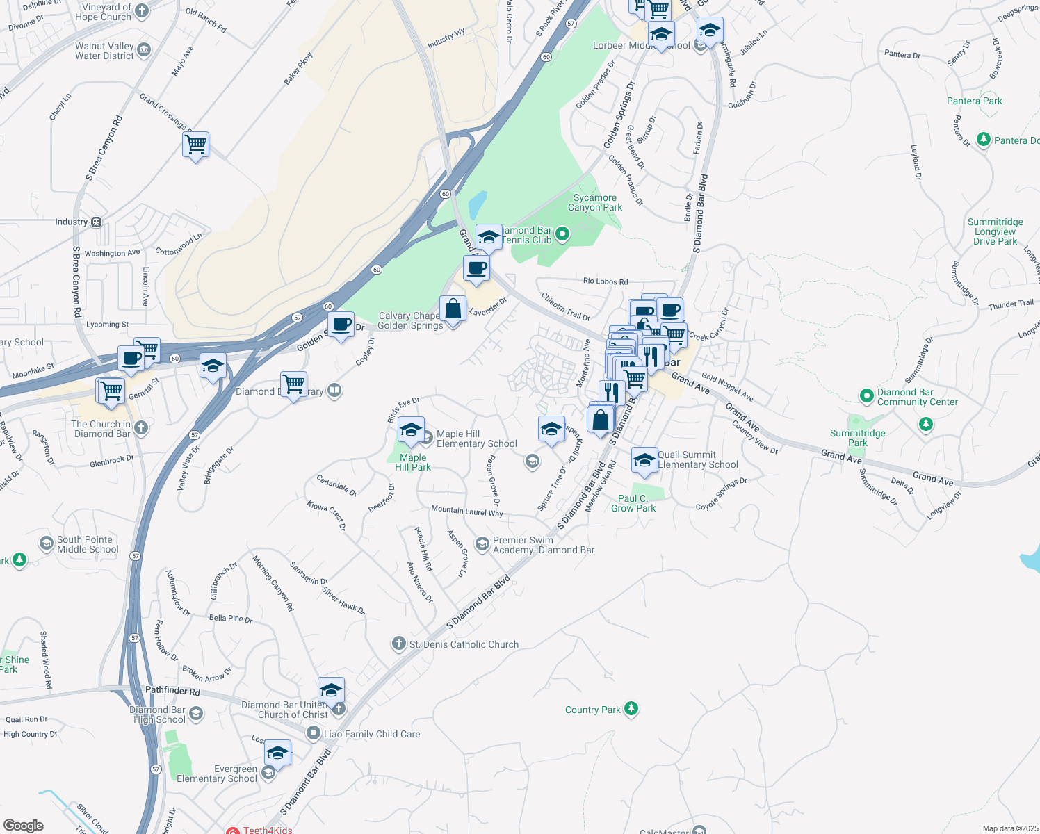map of restaurants, bars, coffee shops, grocery stores, and more near 1308 Desert Willow Lane in Diamond Bar