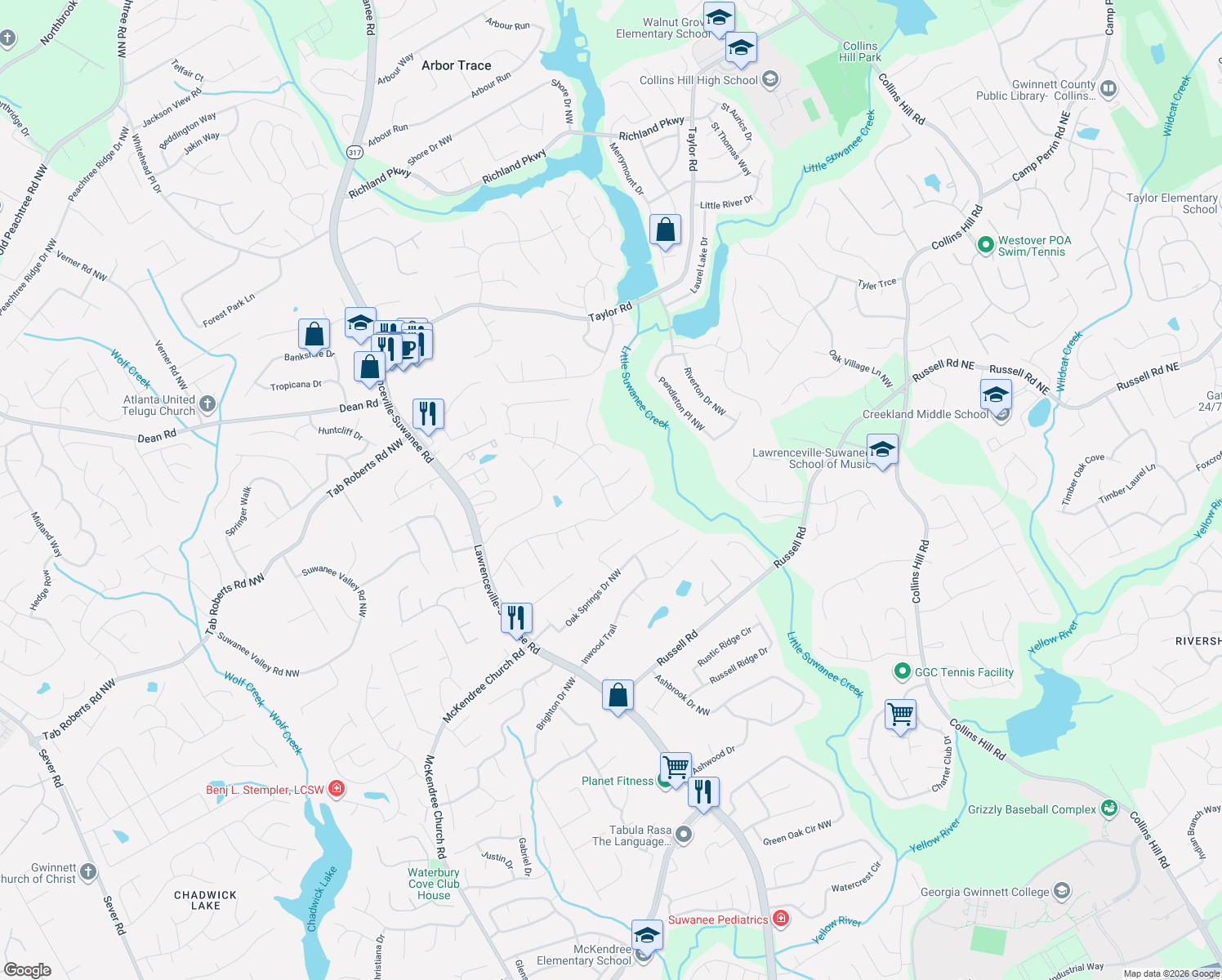 map of restaurants, bars, coffee shops, grocery stores, and more near 1835 Marsh Creek Dr in Lawrenceville