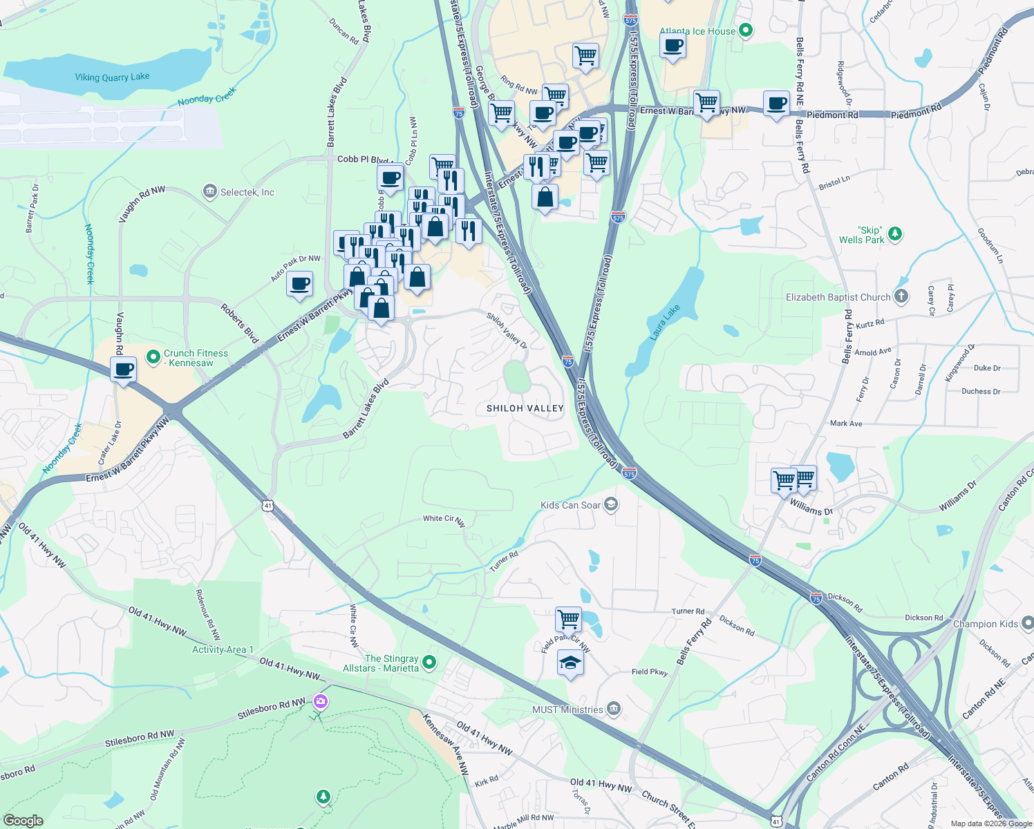 map of restaurants, bars, coffee shops, grocery stores, and more near 2000 McCook Dr NW in Kennesaw