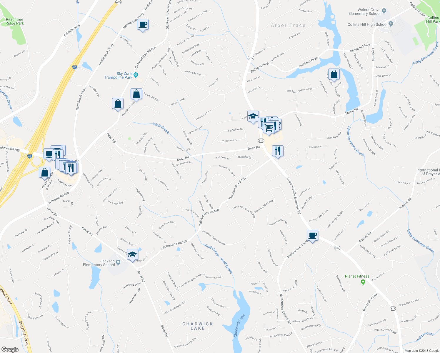 map of restaurants, bars, coffee shops, grocery stores, and more near 2060 Springer Walk in Lawrenceville