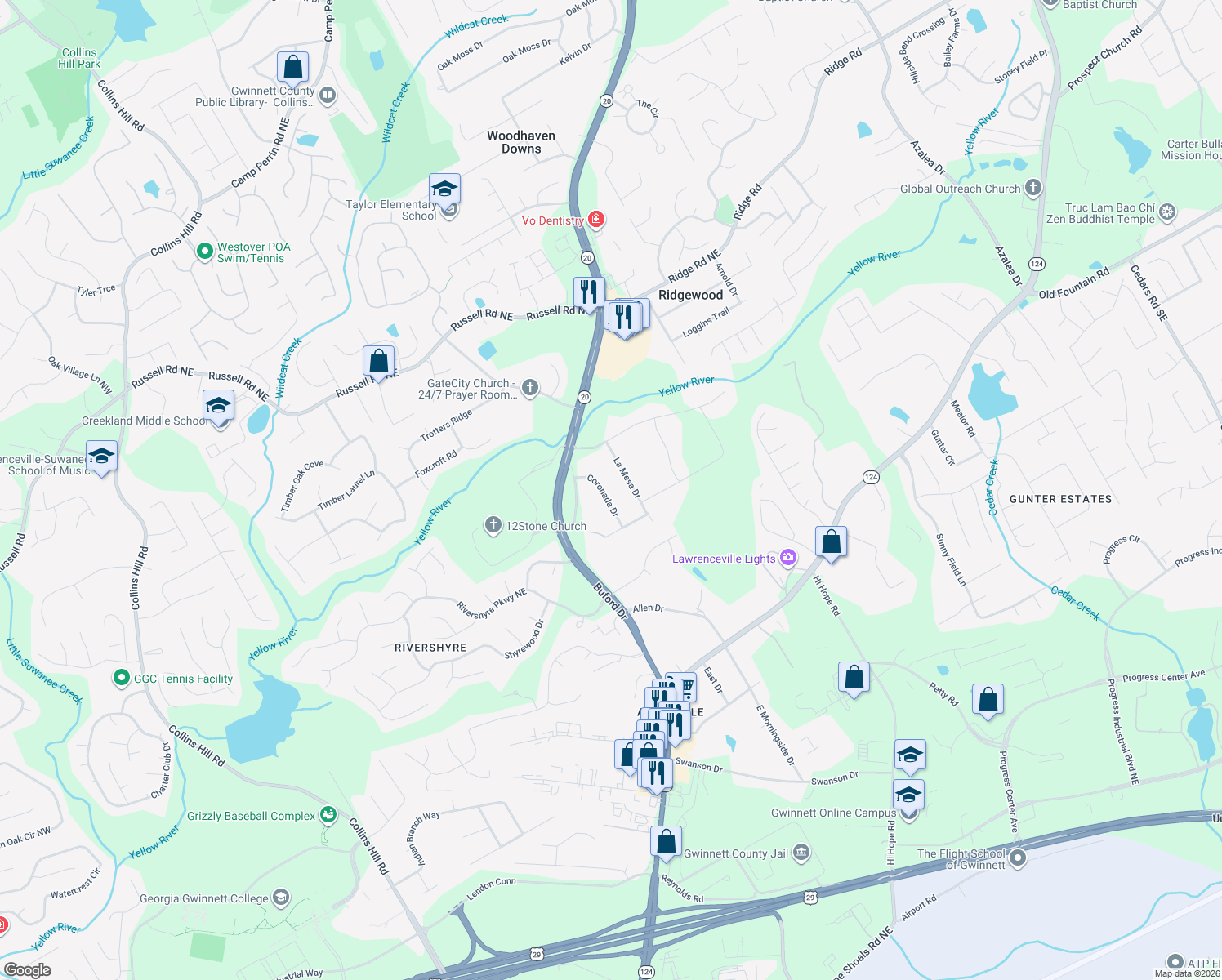 map of restaurants, bars, coffee shops, grocery stores, and more near 1275 Coronada Dr in Lawrenceville