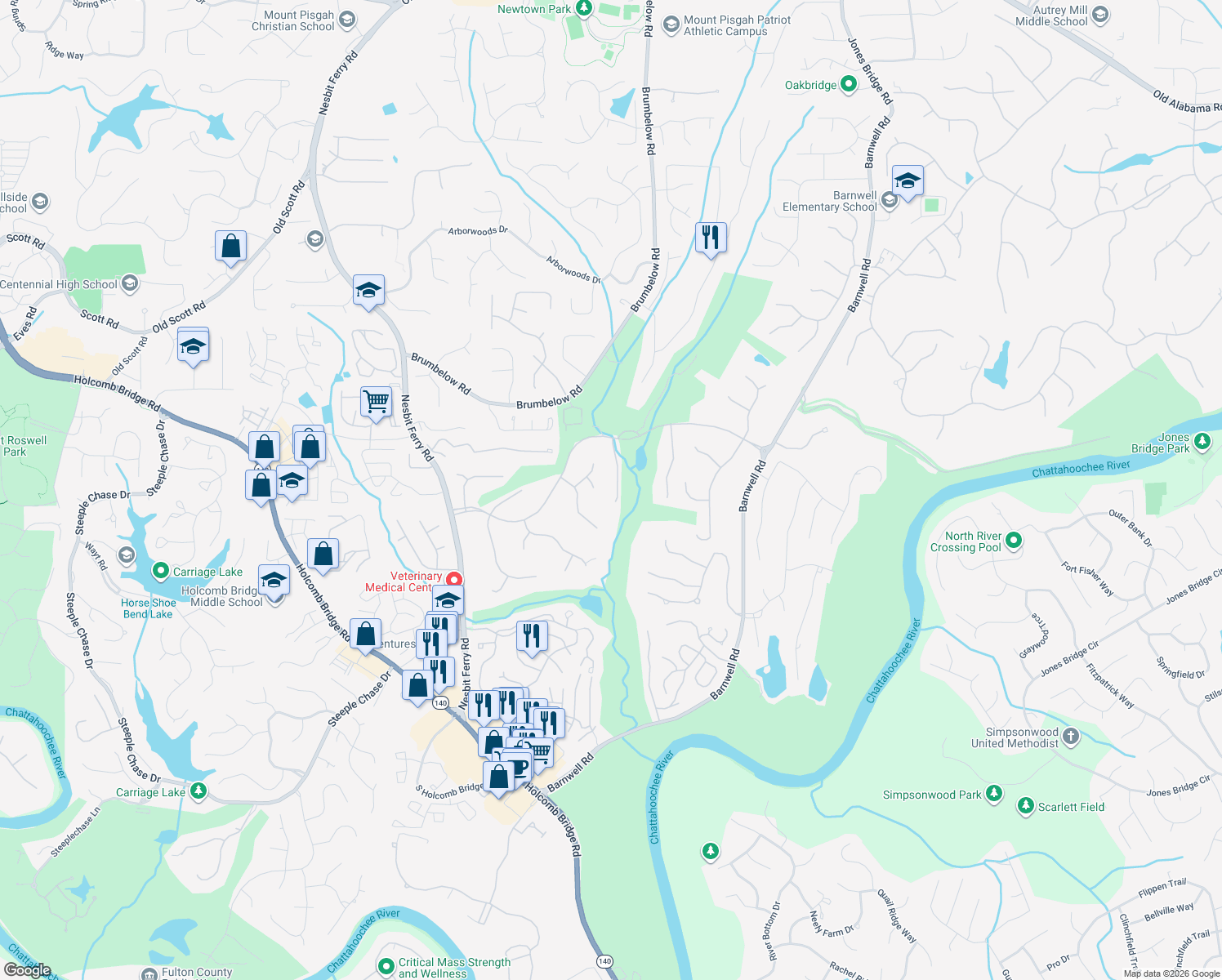 map of restaurants, bars, coffee shops, grocery stores, and more near 955 Yukon Drive in Alpharetta