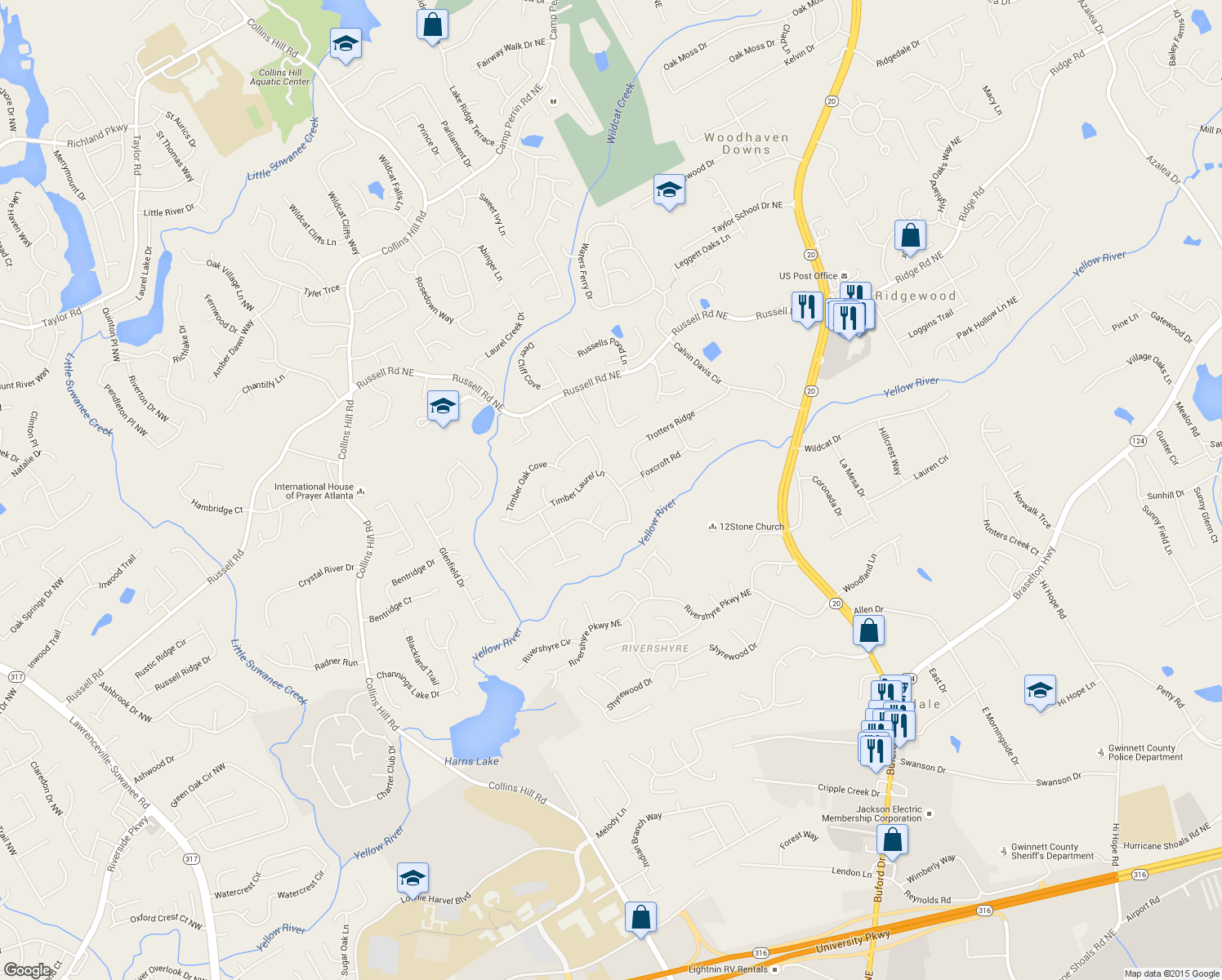 map of restaurants, bars, coffee shops, grocery stores, and more near 300 Timber Laurel Lane in Lawrenceville