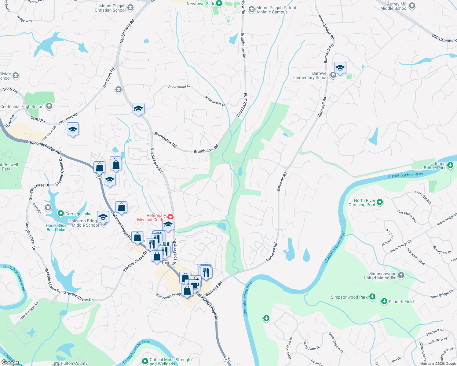 map of restaurants, bars, coffee shops, grocery stores, and more near 955 Yukon Drive in Alpharetta