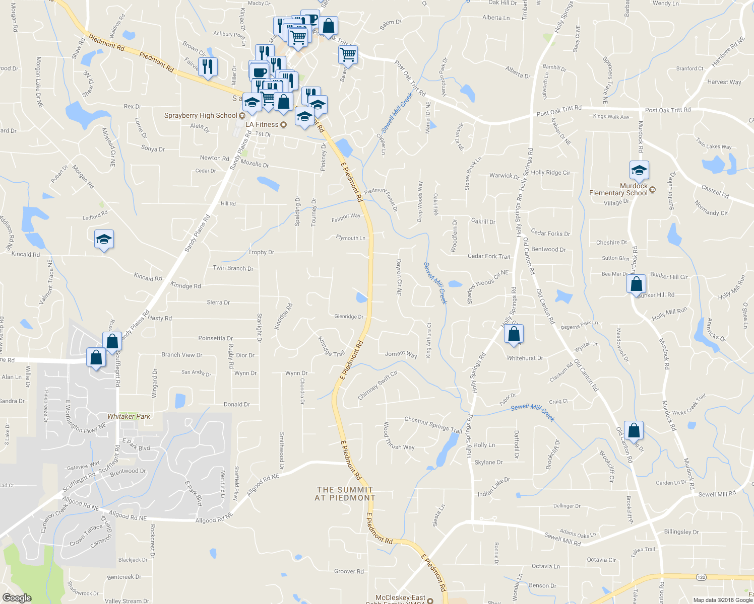 map of restaurants, bars, coffee shops, grocery stores, and more near 2320 Sunny Day Drive in Marietta