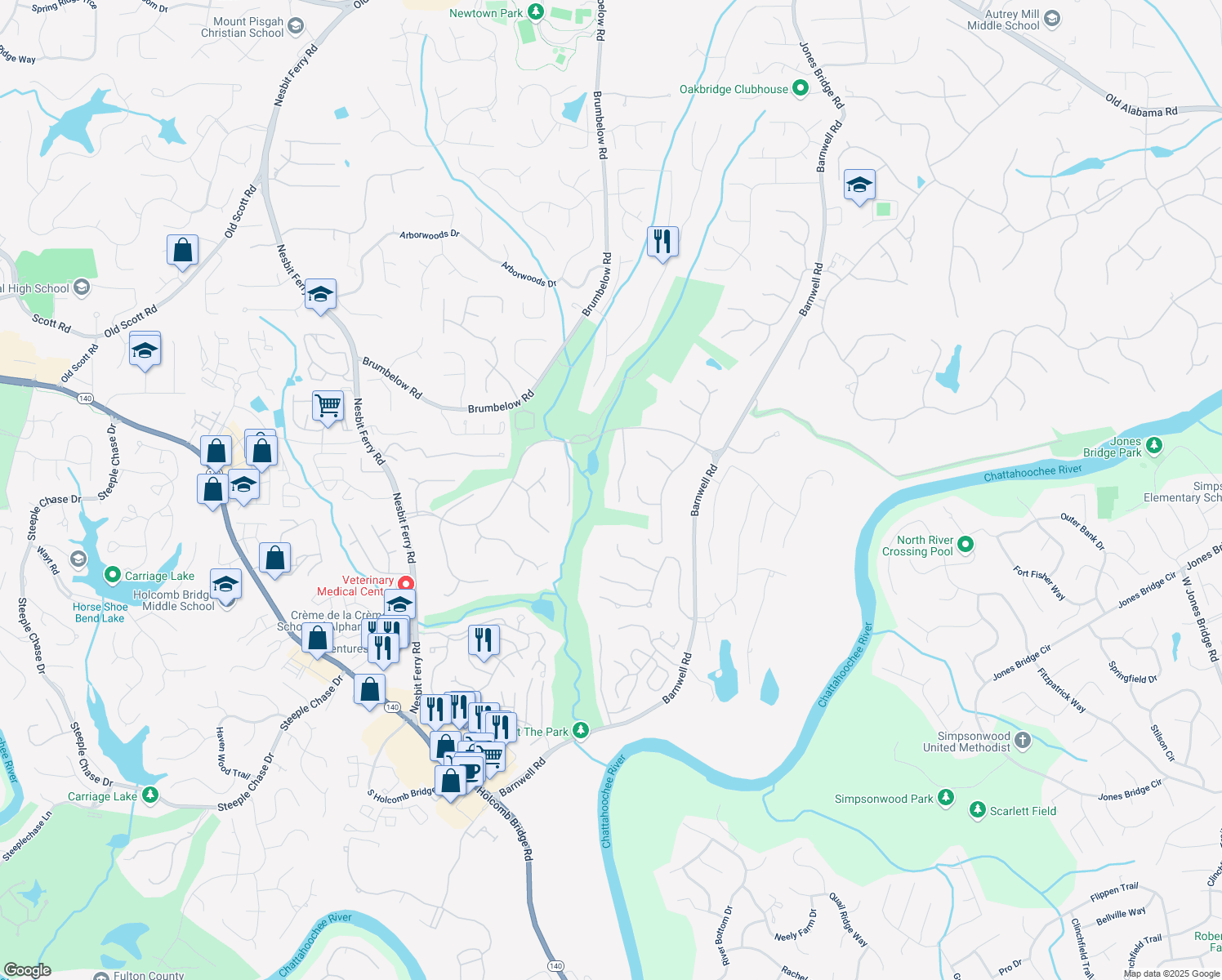 map of restaurants, bars, coffee shops, grocery stores, and more near 8700 Mount Rushmore Drive in Alpharetta