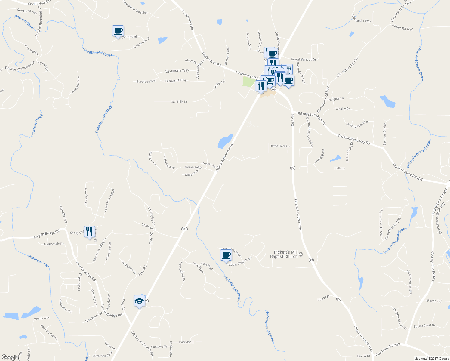 map of restaurants, bars, coffee shops, grocery stores, and more near 84 Mill Creek Hollow in Dallas