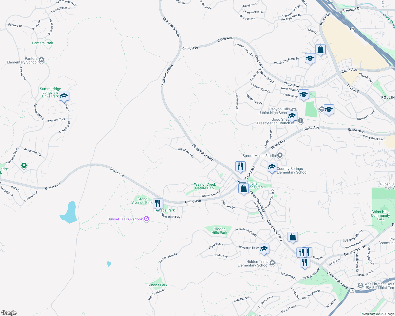 map of restaurants, bars, coffee shops, grocery stores, and more near 14026 Plum Hollow Lane in Chino Hills