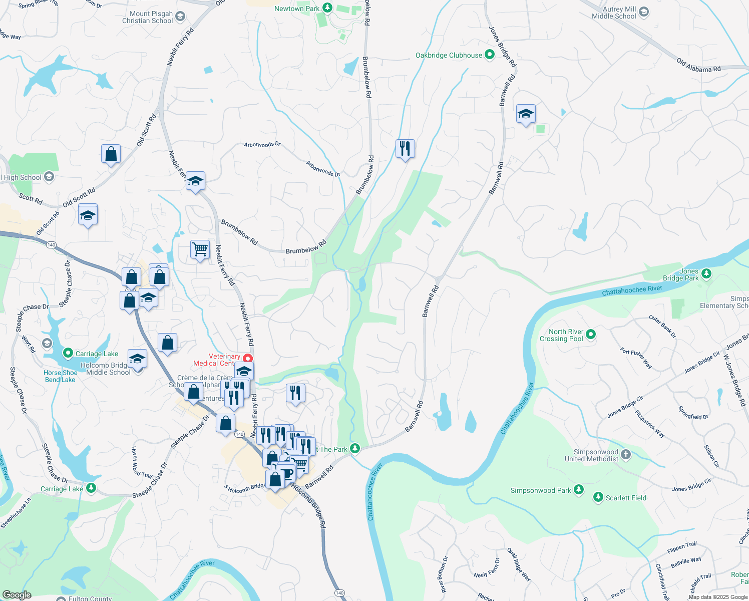 map of restaurants, bars, coffee shops, grocery stores, and more near 8700 Mount Rushmore Drive in Alpharetta
