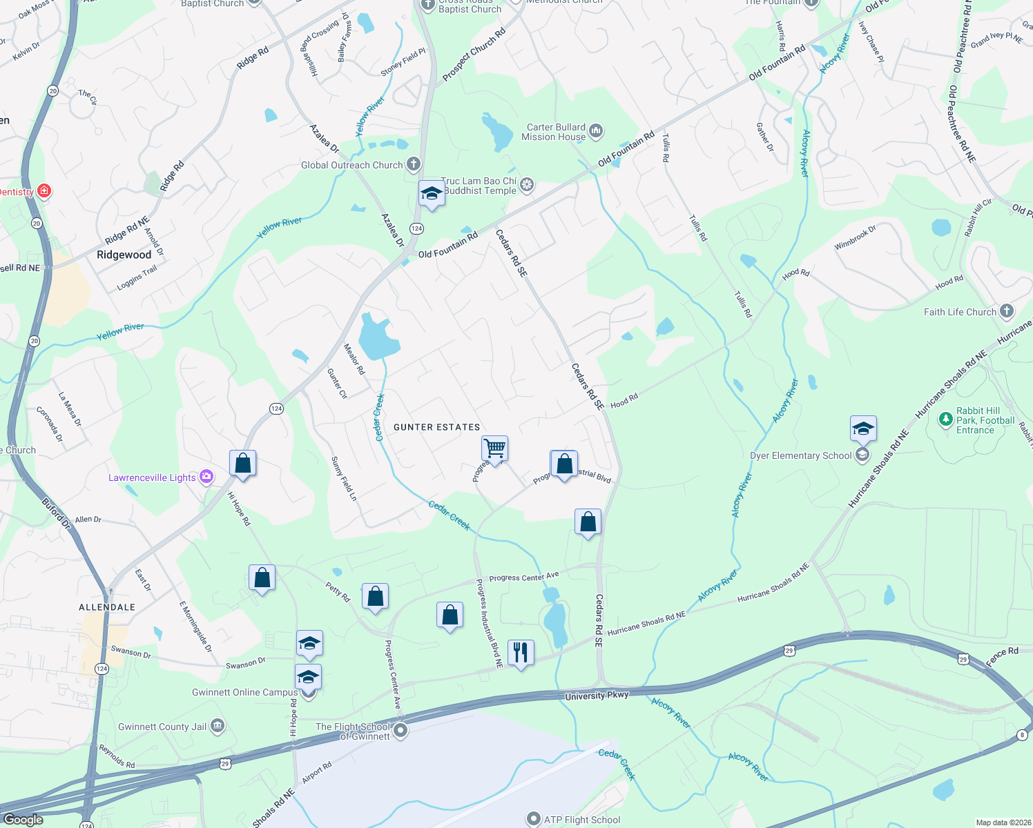 map of restaurants, bars, coffee shops, grocery stores, and more near 1492 Hadaway Trail Northeast in Lawrenceville