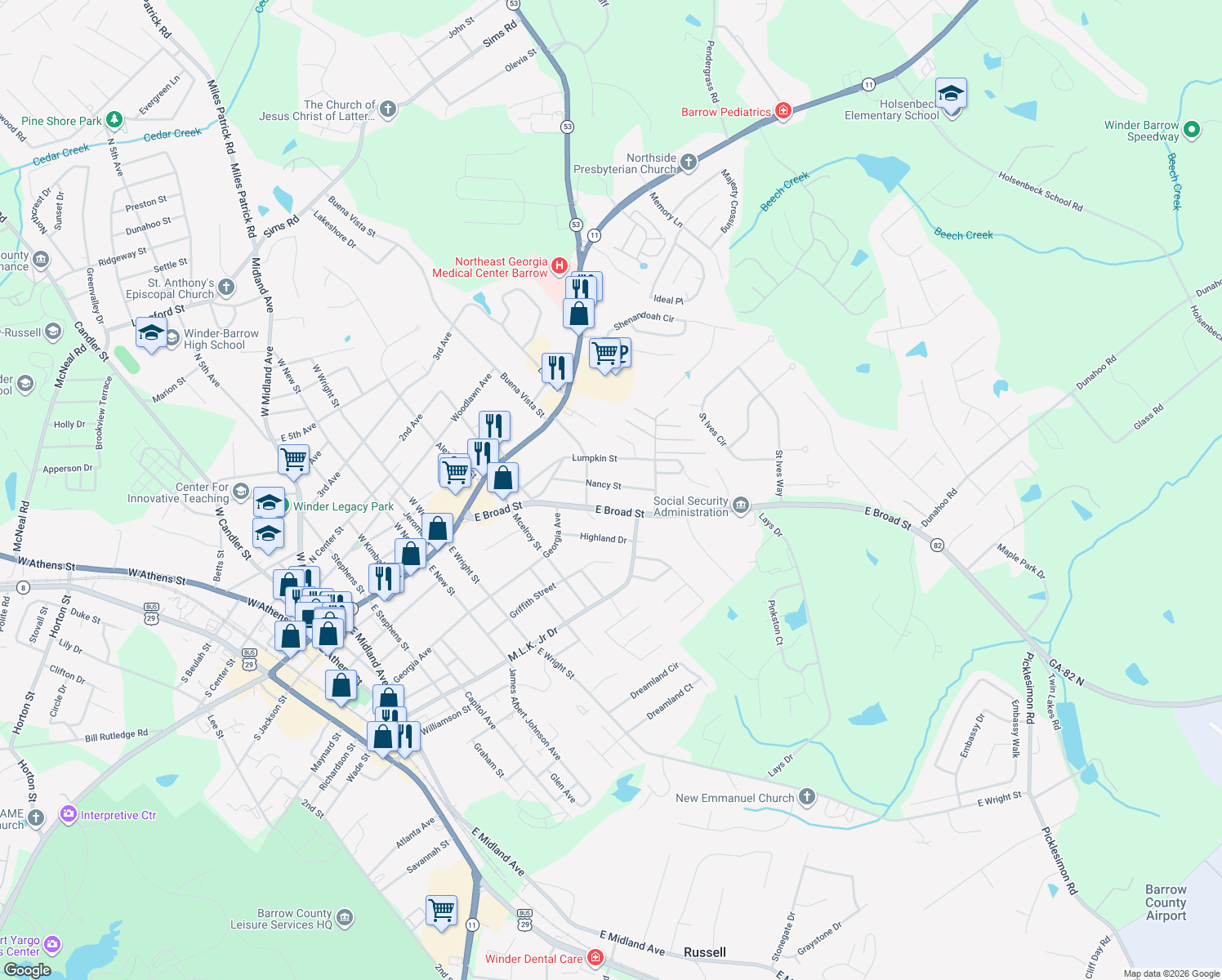 map of restaurants, bars, coffee shops, grocery stores, and more near 299 Nancy Street in Winder