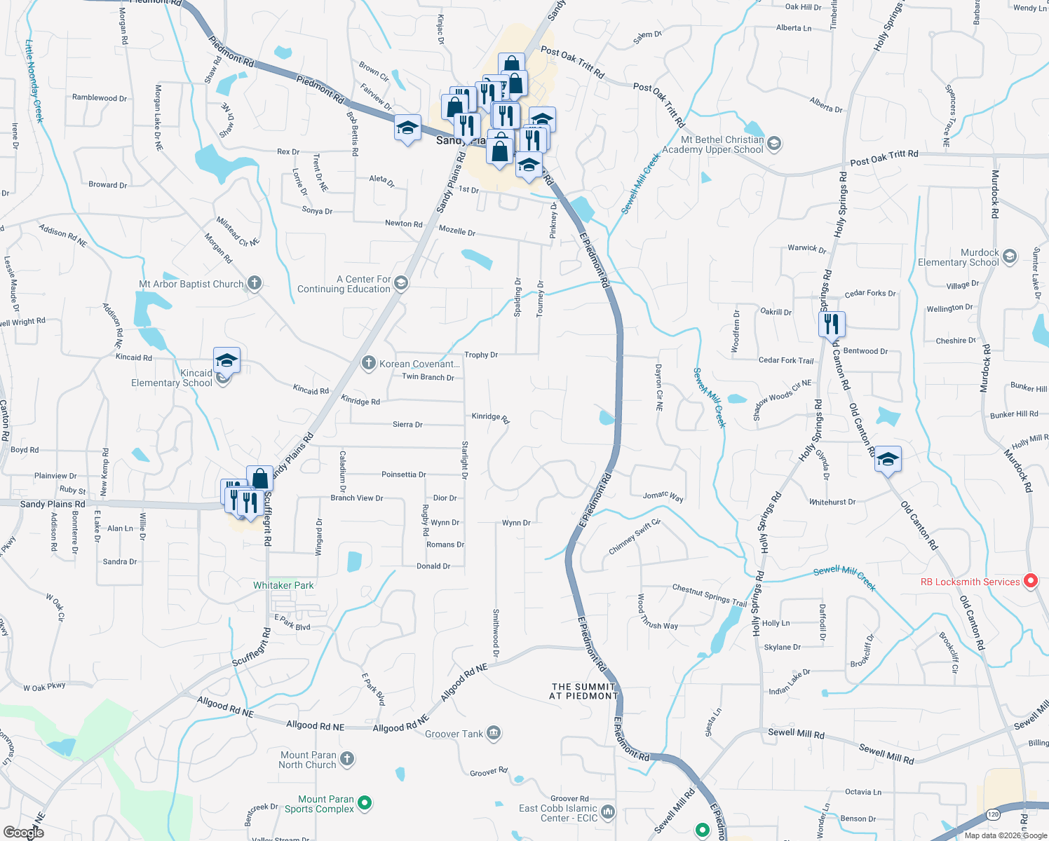 map of restaurants, bars, coffee shops, grocery stores, and more near 2118 Glenridge Court in Marietta