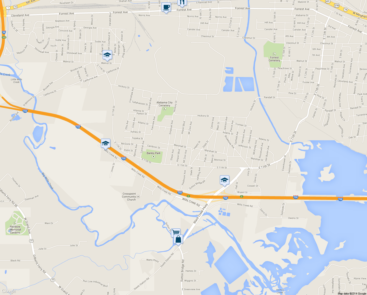 map of restaurants, bars, coffee shops, grocery stores, and more near 1801 Mount Zion Avenue in Gadsden