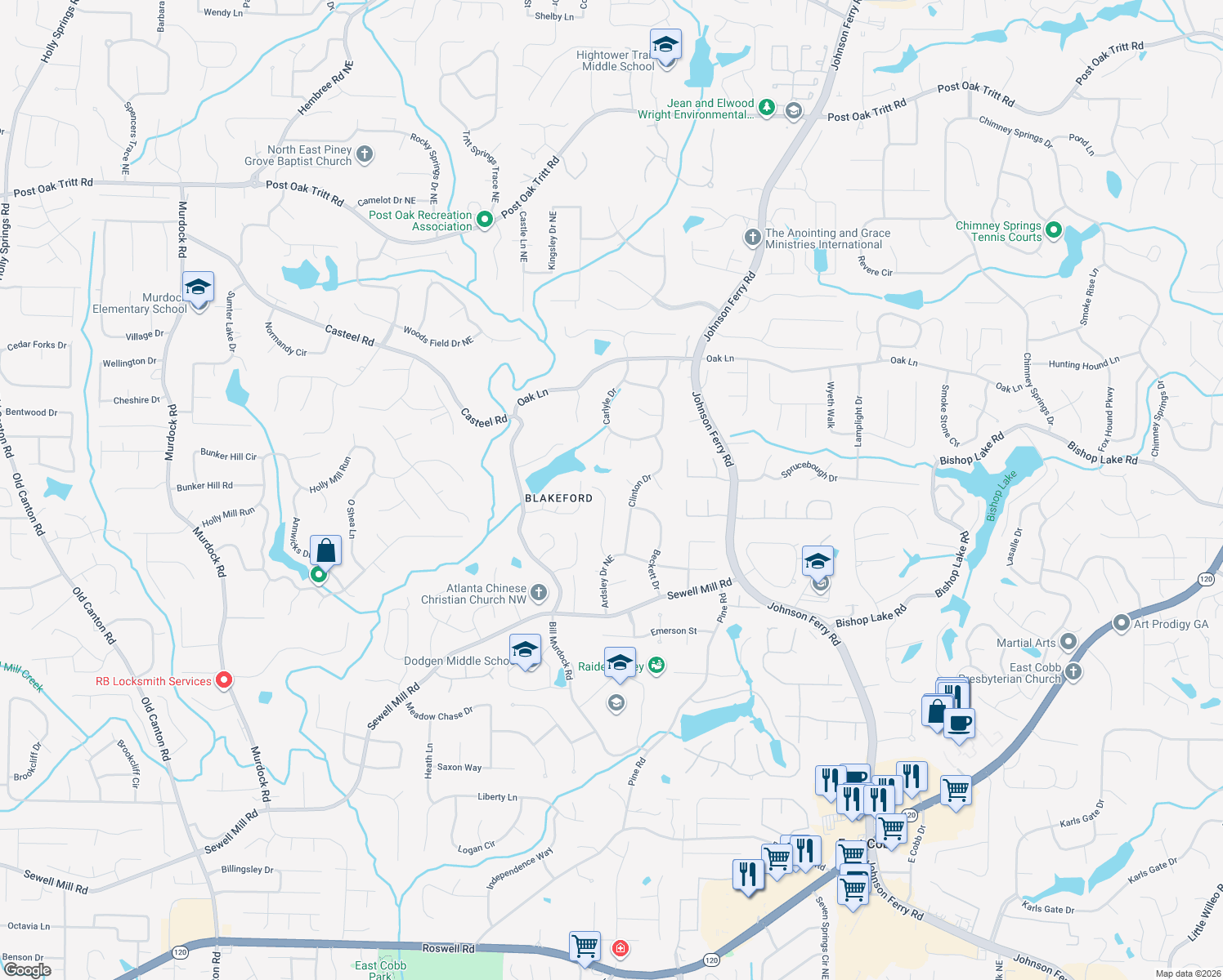 map of restaurants, bars, coffee shops, grocery stores, and more near 2022 Hastings St in Marietta
