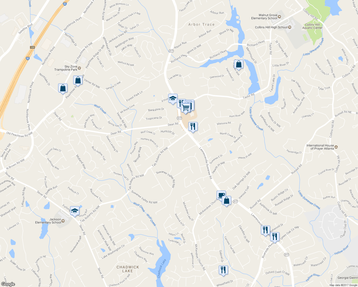 map of restaurants, bars, coffee shops, grocery stores, and more near 684 Tab Roberts Road Northwest in Lawrenceville