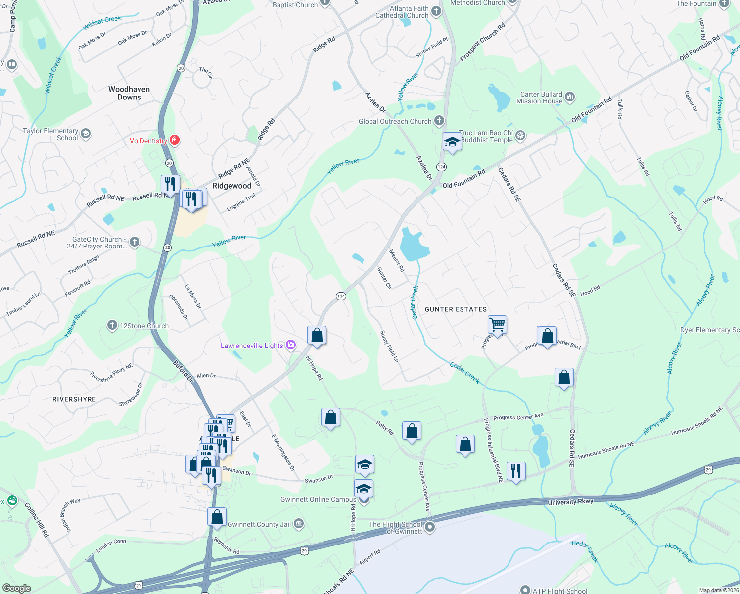 map of restaurants, bars, coffee shops, grocery stores, and more near 1159 Sunny Field Lane in Lawrenceville