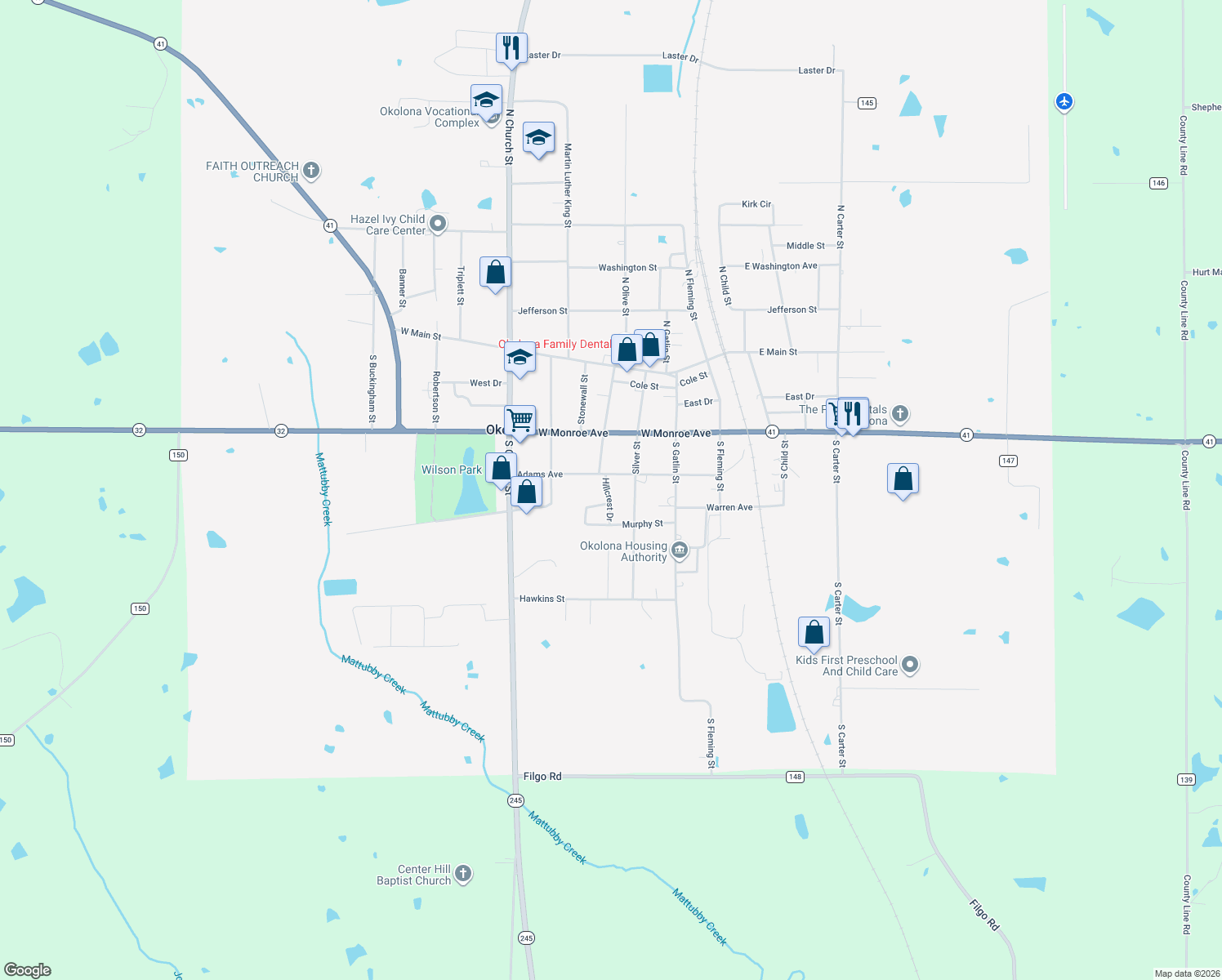 map of restaurants, bars, coffee shops, grocery stores, and more near 304 Hillcrest Drive in Okolona
