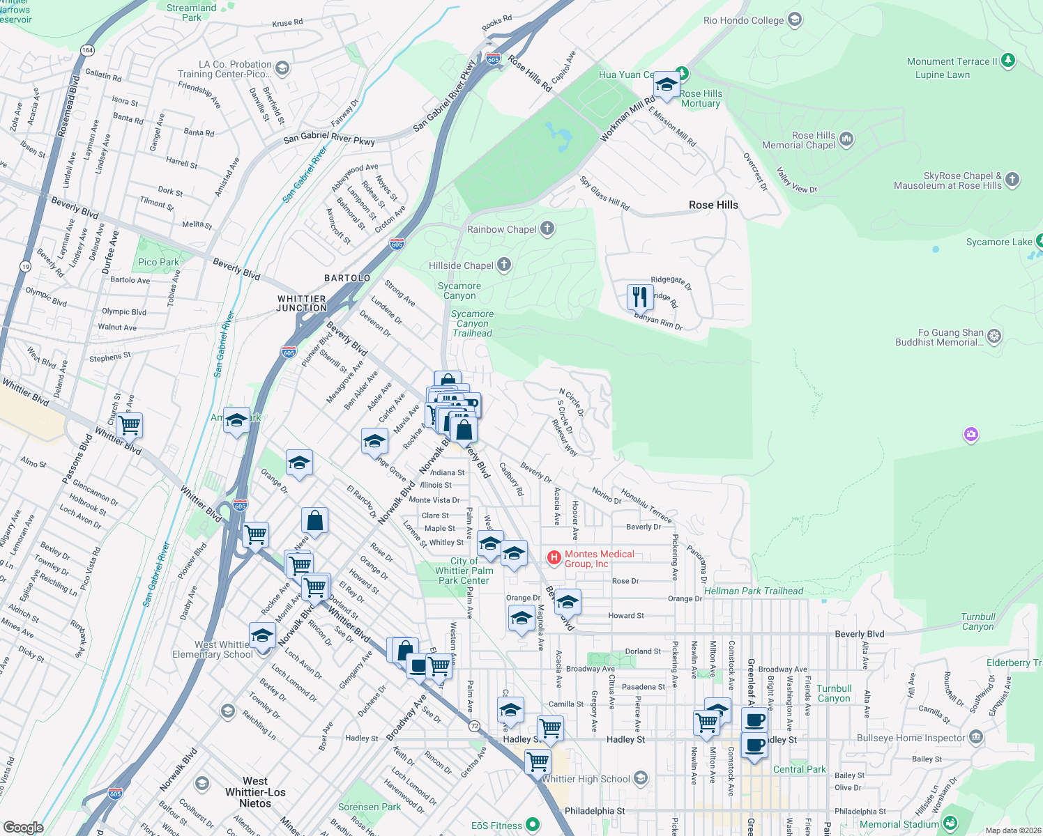 map of restaurants, bars, coffee shops, grocery stores, and more near 5246 Cadbury Rd in Whittier