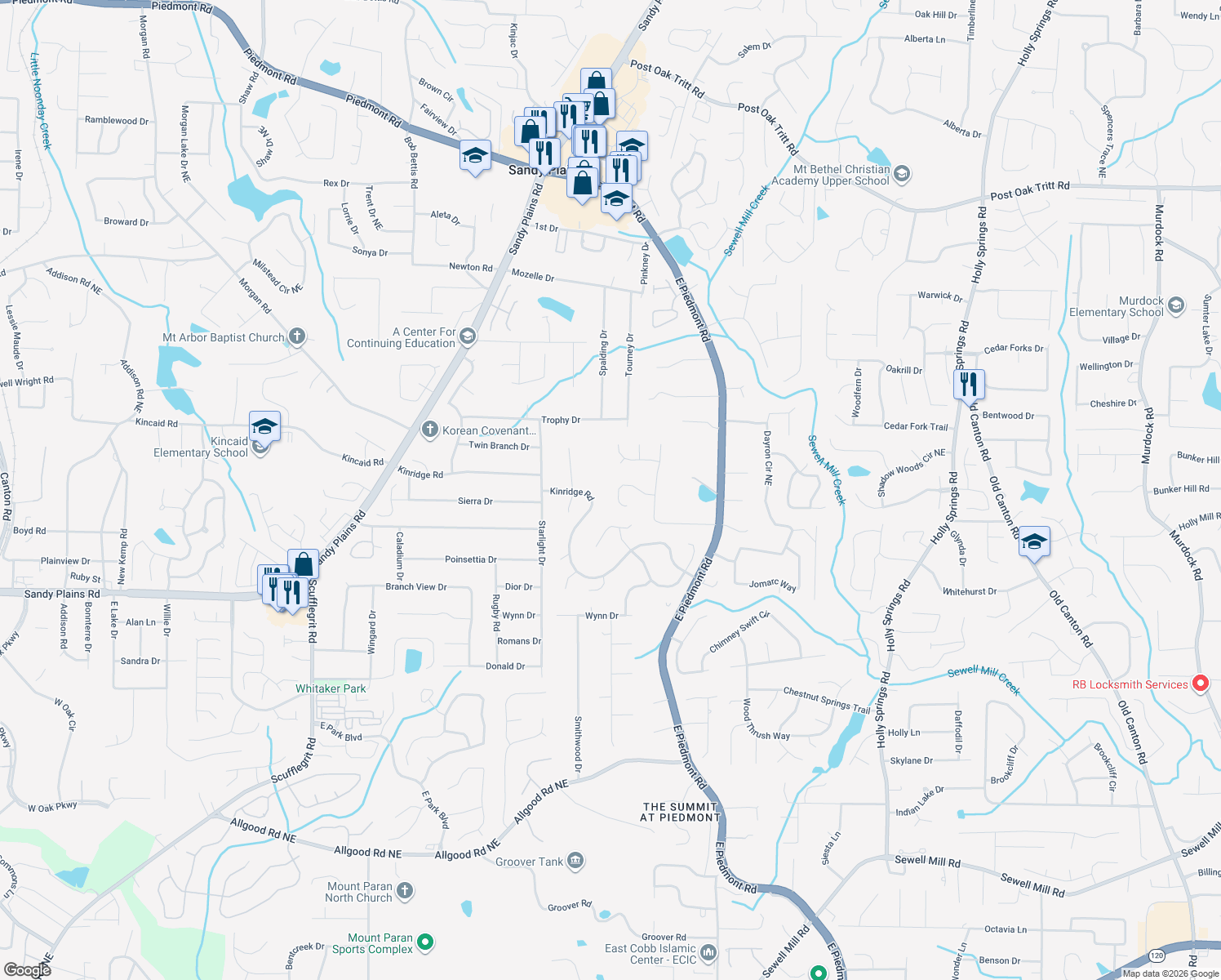 map of restaurants, bars, coffee shops, grocery stores, and more near 2118 Glenridge Court in Marietta