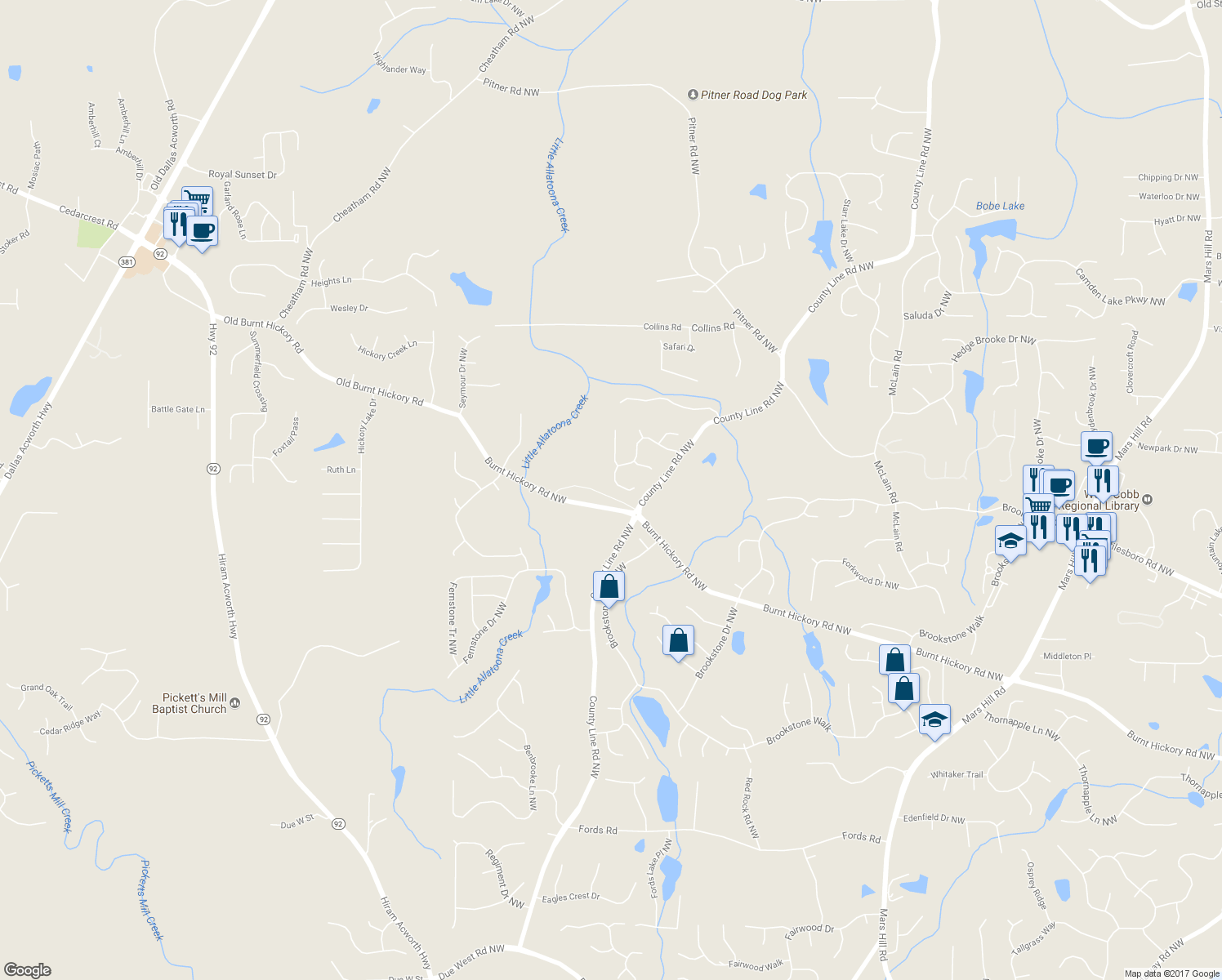 map of restaurants, bars, coffee shops, grocery stores, and more near 6036 Addington Drive Northwest in Acworth