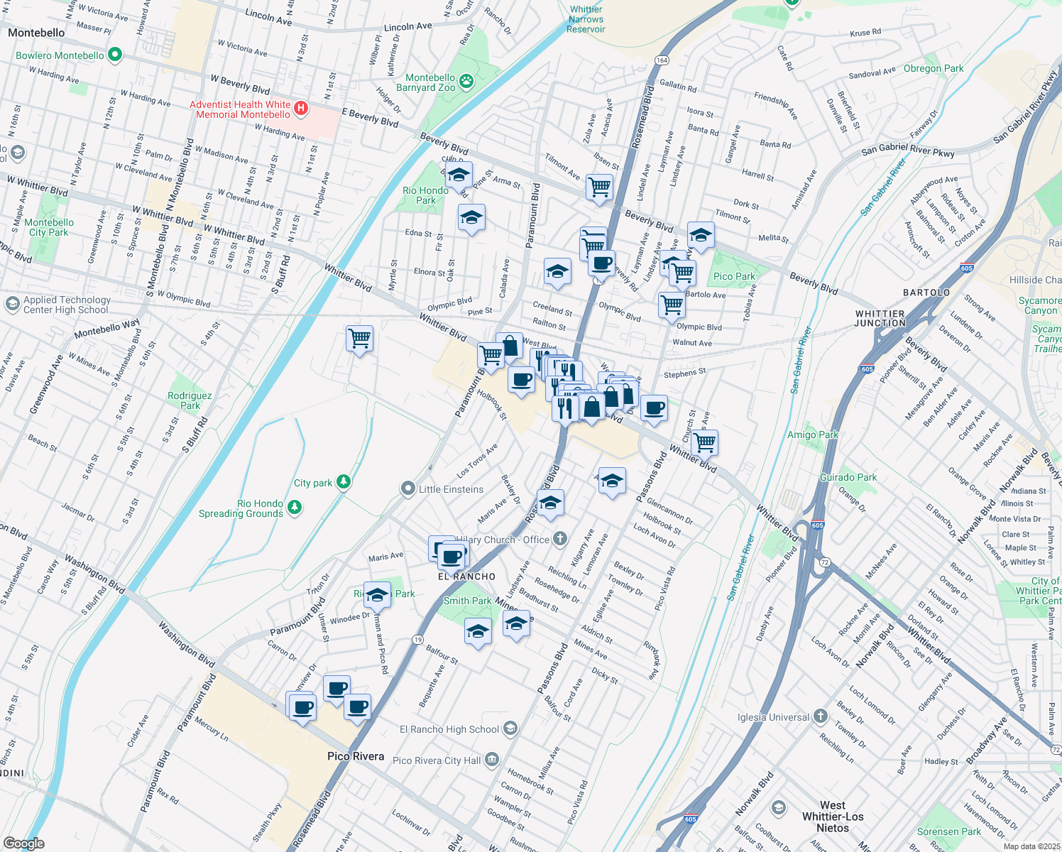 map of restaurants, bars, coffee shops, grocery stores, and more near 8827 Shenandoah Avenue in Pico Rivera