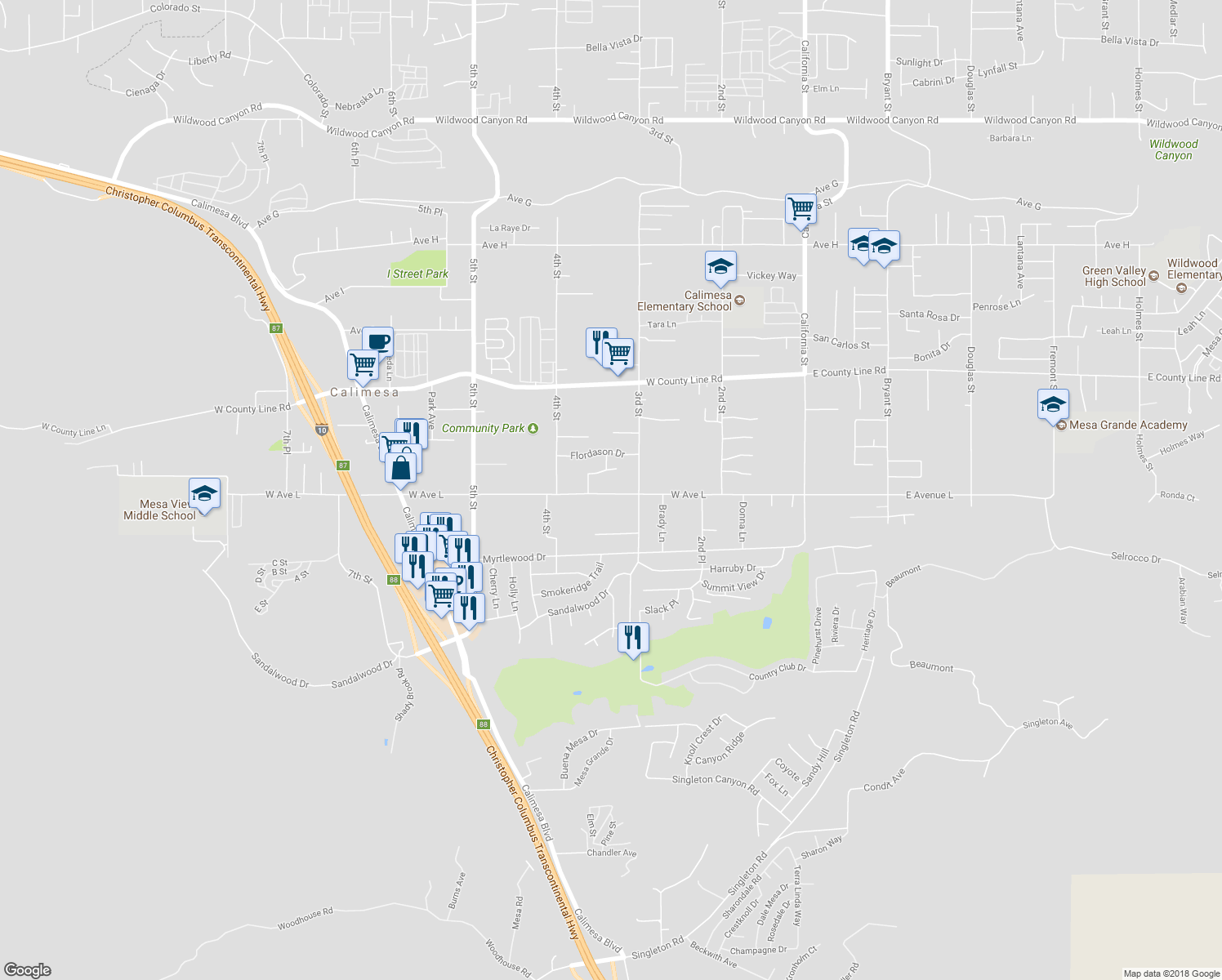 map of restaurants, bars, coffee shops, grocery stores, and more near 340 West Avenue L in Calimesa
