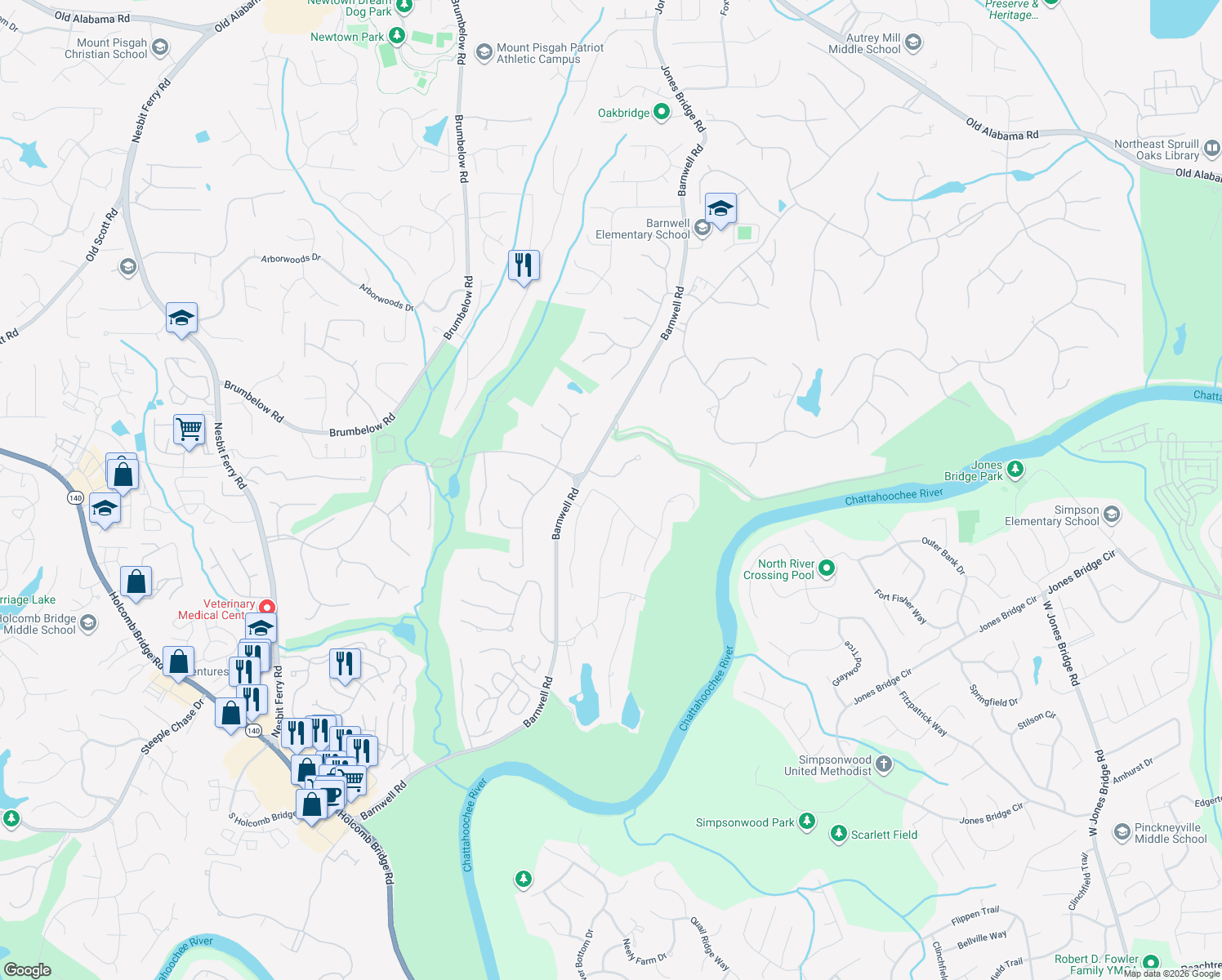 map of restaurants, bars, coffee shops, grocery stores, and more near 3570 River Ferry Drive in Alpharetta