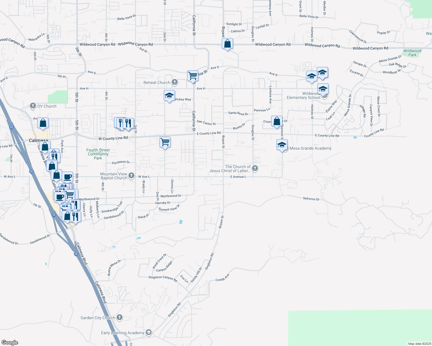map of restaurants, bars, coffee shops, grocery stores, and more near 170 East Avenue L in Calimesa