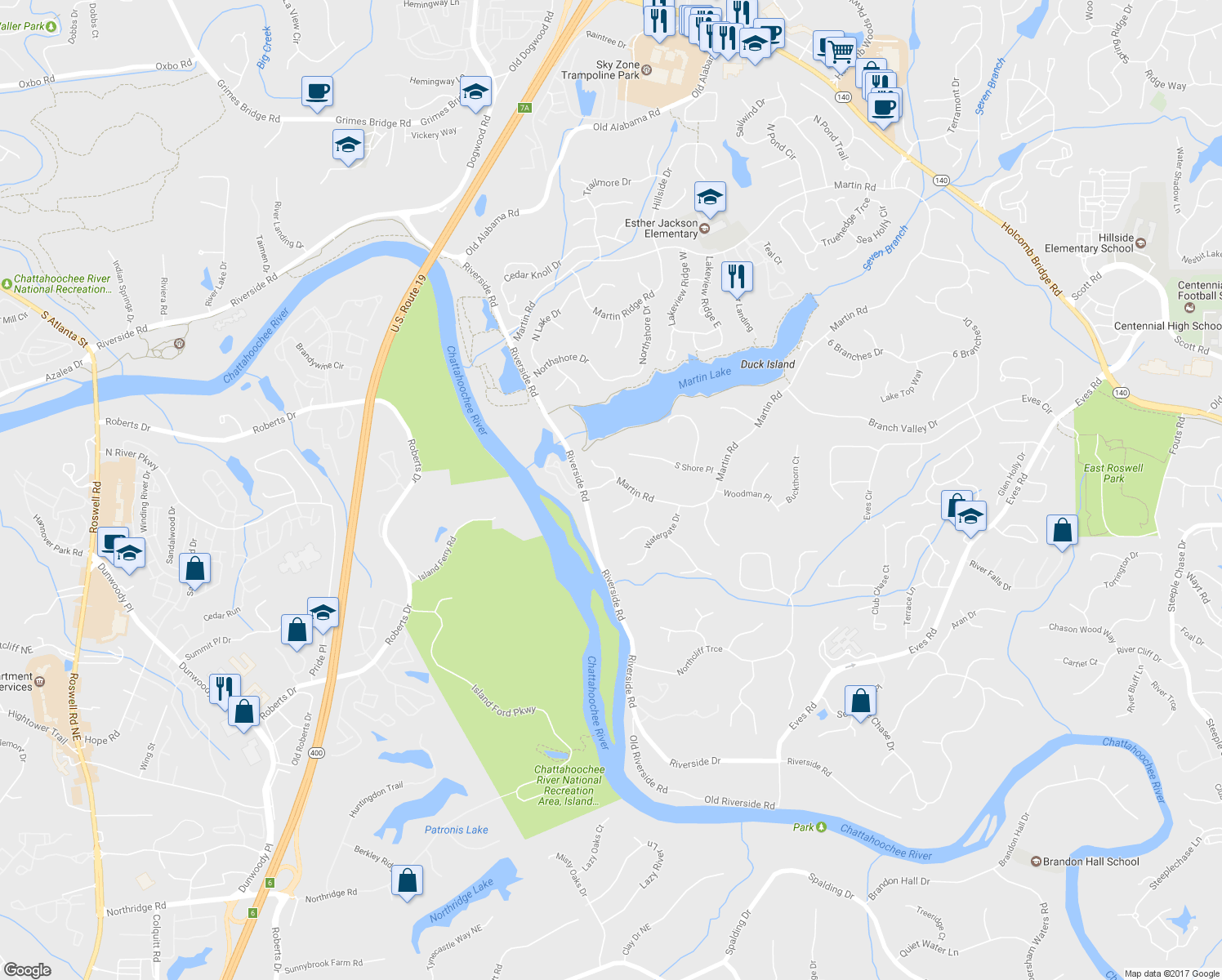 map of restaurants, bars, coffee shops, grocery stores, and more near 8920 Martin Road in Roswell