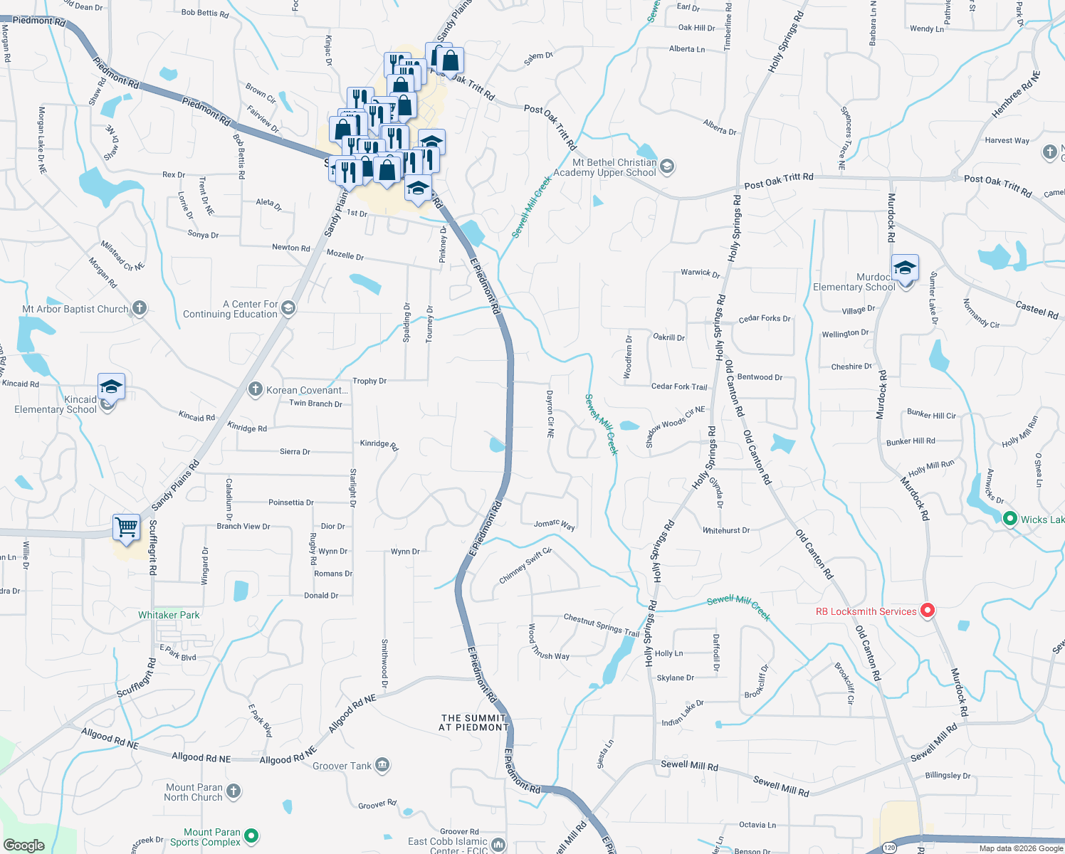 map of restaurants, bars, coffee shops, grocery stores, and more near Abbey Cove Court in Marietta