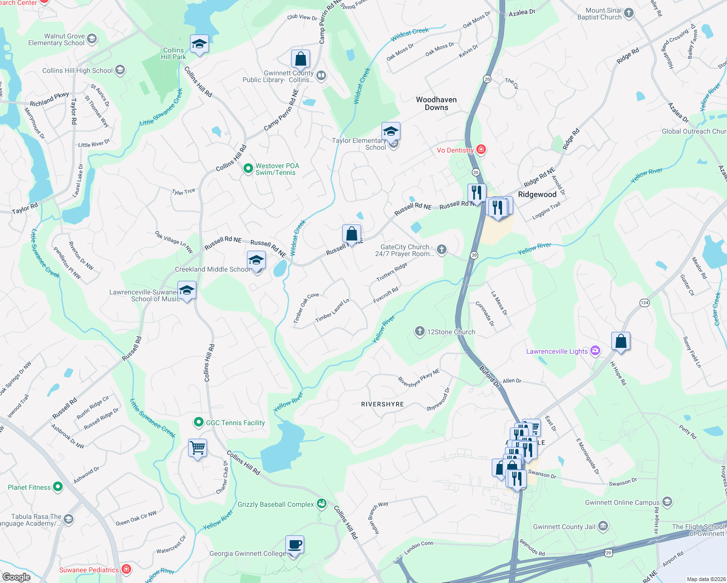 map of restaurants, bars, coffee shops, grocery stores, and more near 332 Trotters Ridge in Lawrenceville