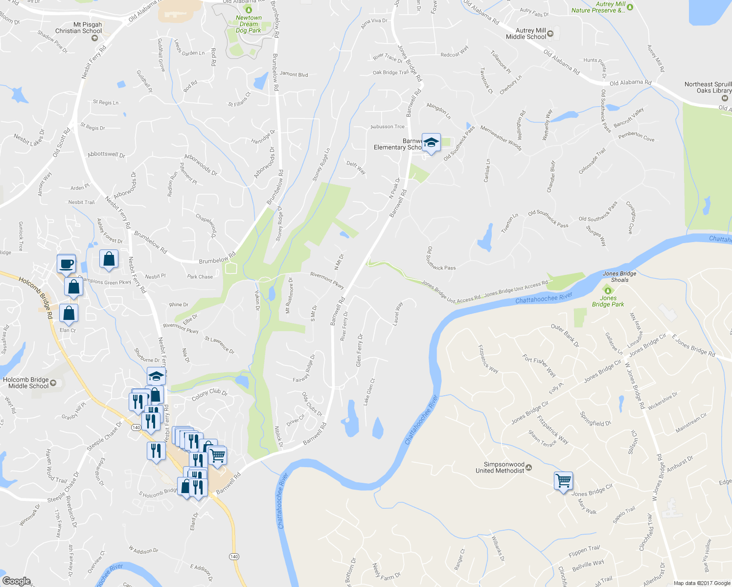 map of restaurants, bars, coffee shops, grocery stores, and more near 3570 River Ferry Dr in Alpharetta