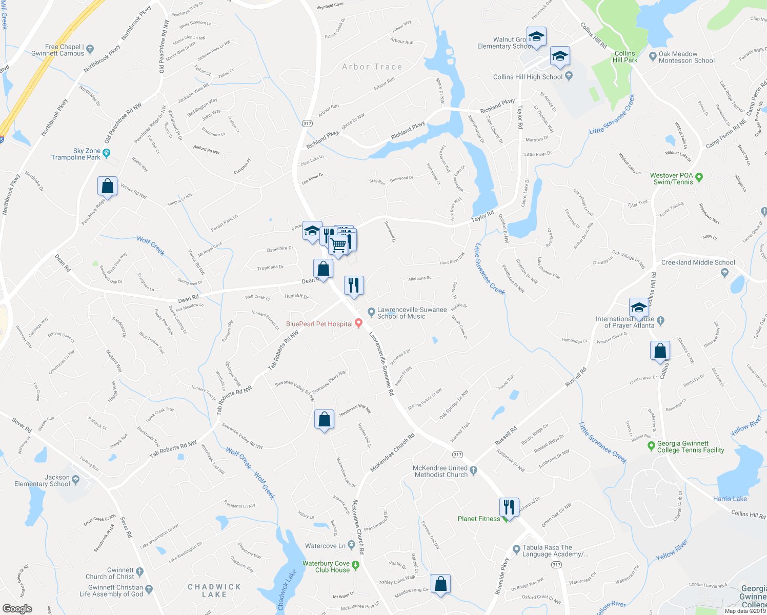 map of restaurants, bars, coffee shops, grocery stores, and more near 593 Woodland Park Terrace in Lawrenceville