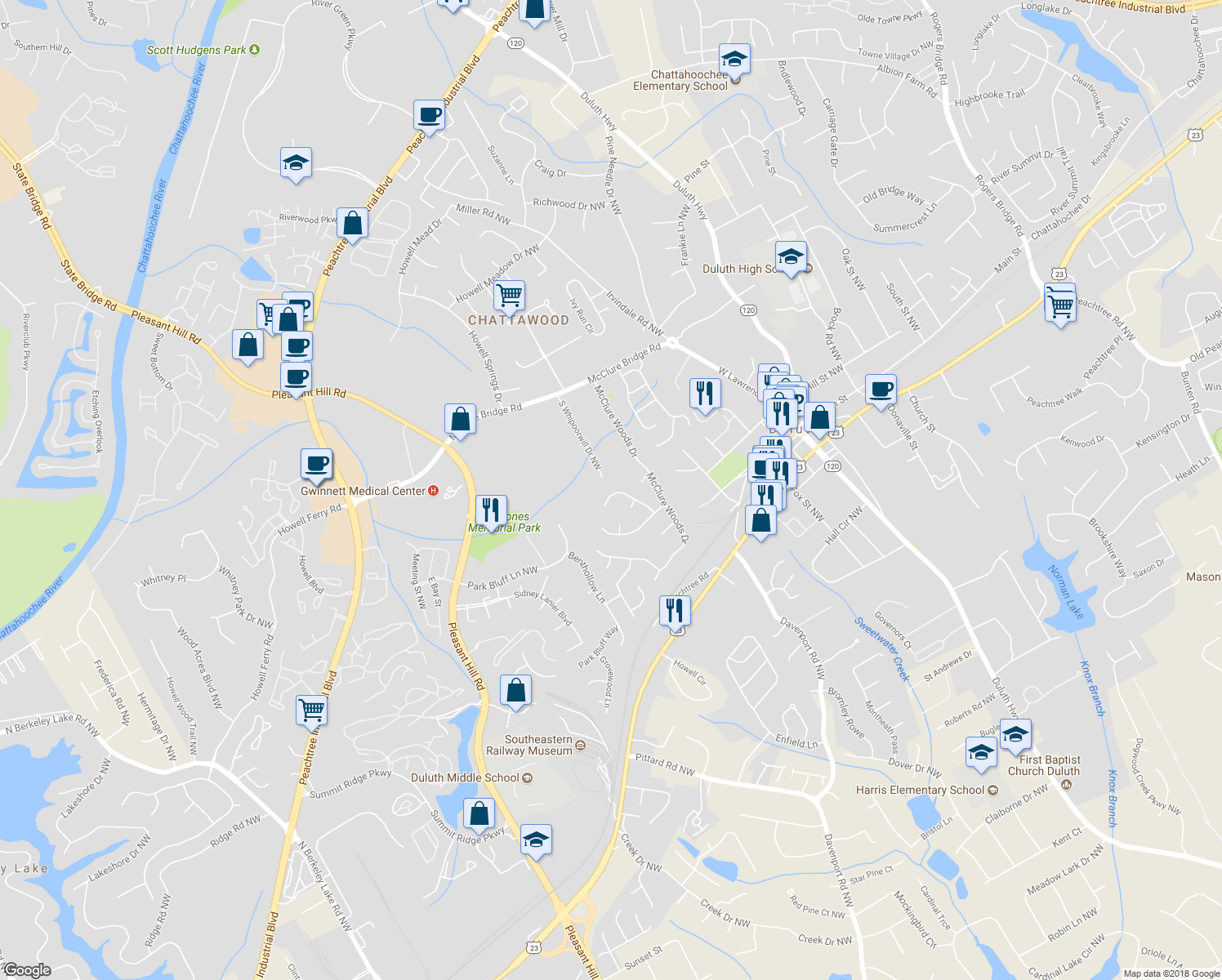 map of restaurants, bars, coffee shops, grocery stores, and more near 3607 Willbrooke Run in Duluth