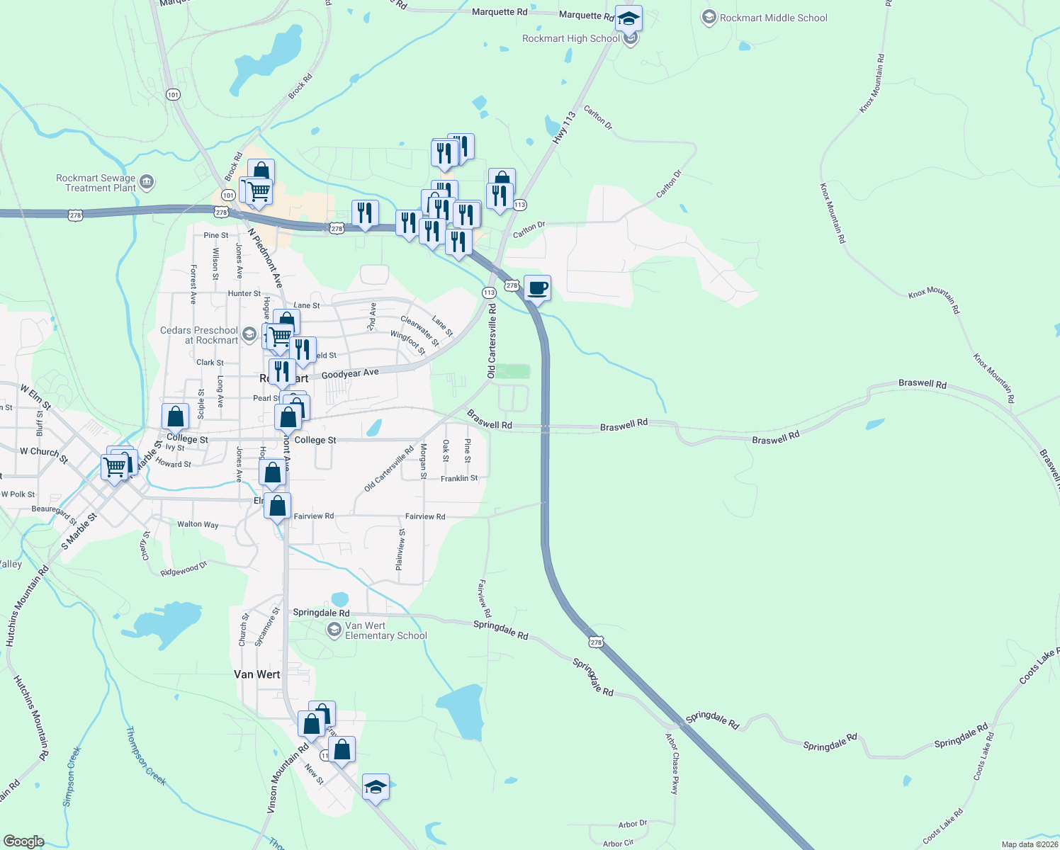 map of restaurants, bars, coffee shops, grocery stores, and more near 75 Braswell Road in Rockmart