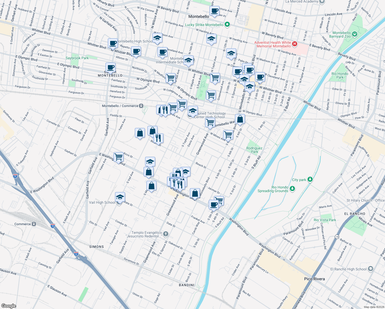 map of restaurants, bars, coffee shops, grocery stores, and more near 740 Carmelita Place in Montebello
