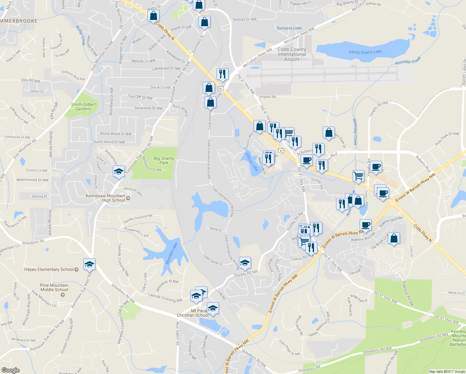 map of restaurants, bars, coffee shops, grocery stores, and more near 2170 Del Lago Circle in Kennesaw