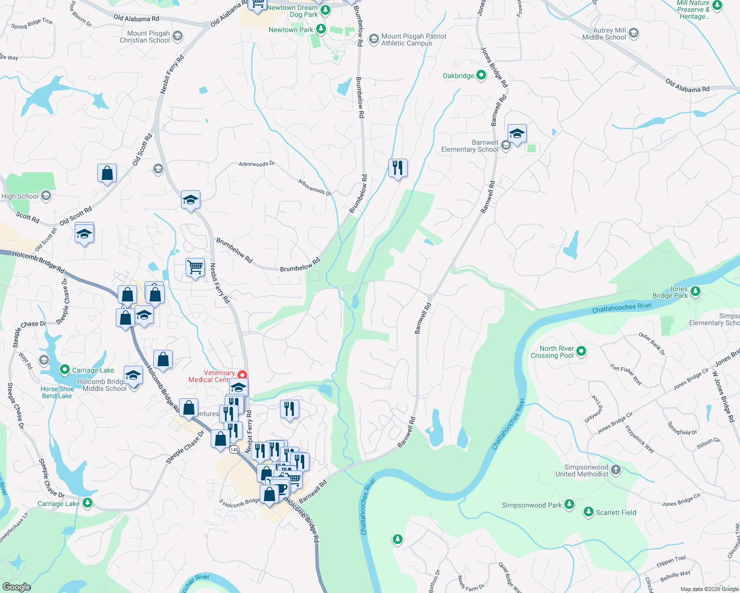 map of restaurants, bars, coffee shops, grocery stores, and more near 8750 Mount Rushmore Drive in Alpharetta