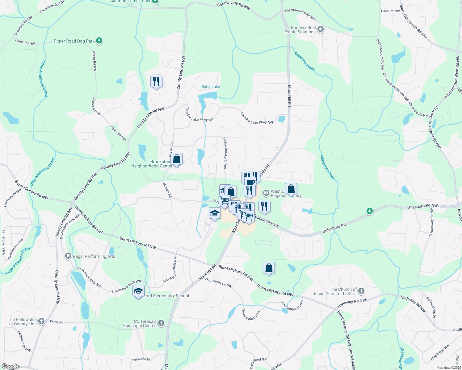 map of restaurants, bars, coffee shops, grocery stores, and more near 5354 Manor View Dr NW in Acworth