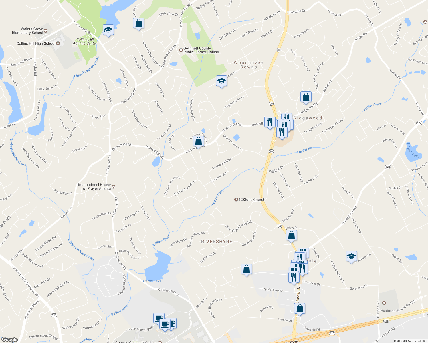 map of restaurants, bars, coffee shops, grocery stores, and more near 353 Trotters Ridge in Lawrenceville