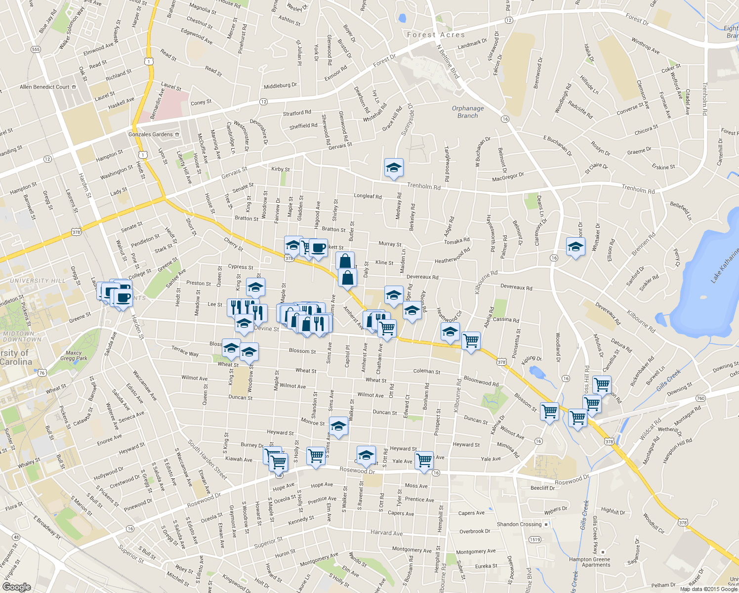 map of restaurants, bars, coffee shops, grocery stores, and more near 920 Daly Street in Columbia