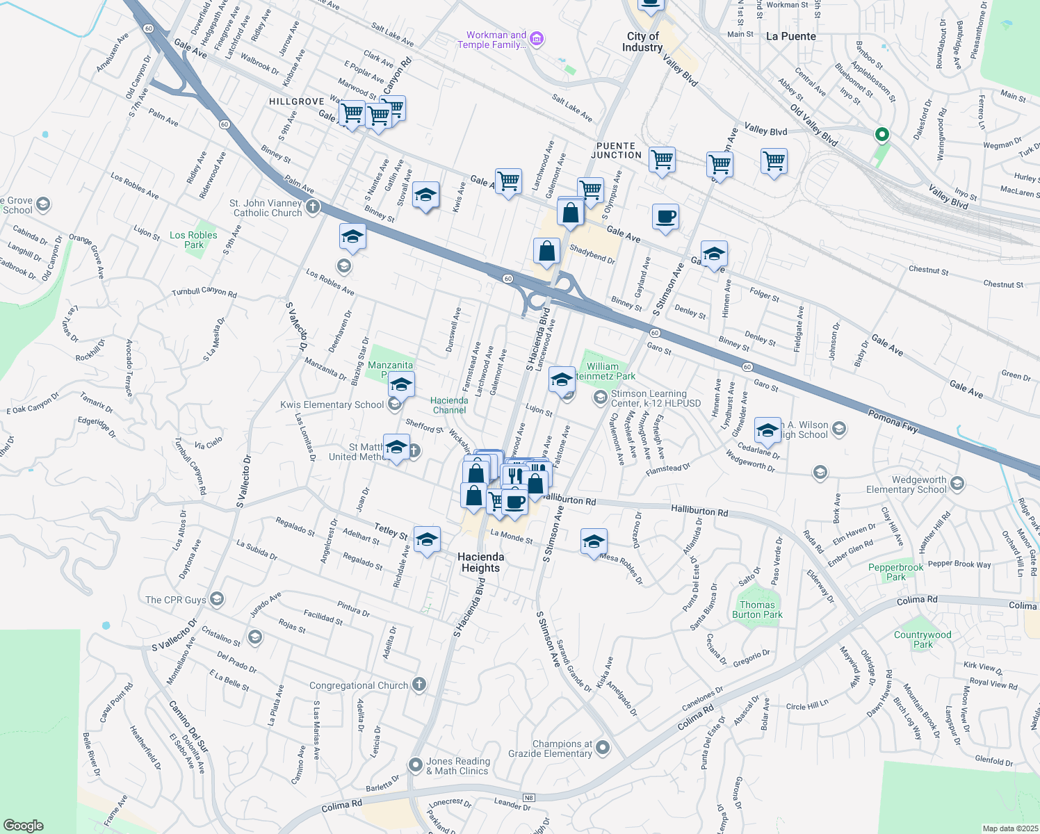 map of restaurants, bars, coffee shops, grocery stores, and more near 1721 Lancewood Avenue in Hacienda Heights
