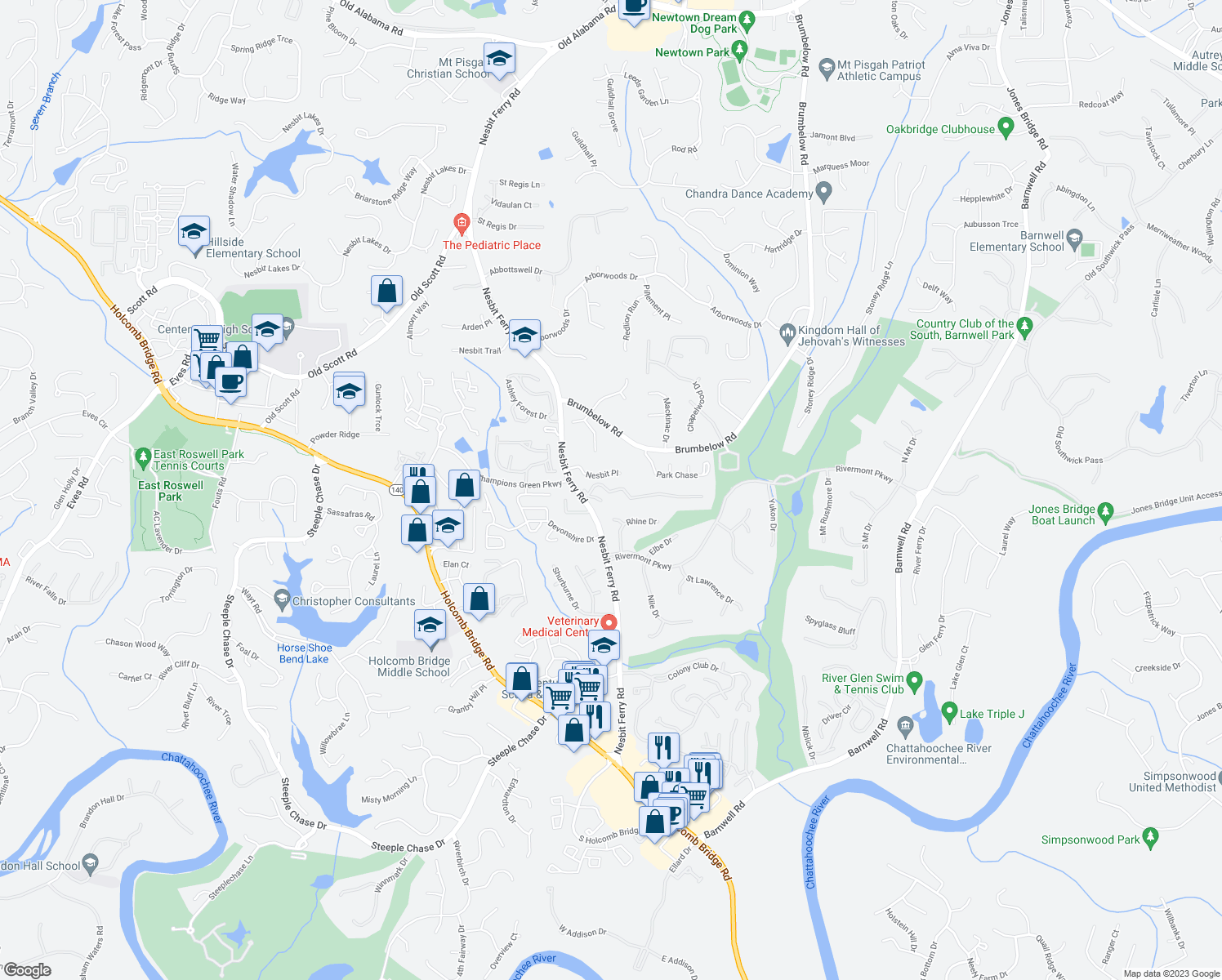 map of restaurants, bars, coffee shops, grocery stores, and more near 48 Eagle Glen Rd in Alpharetta