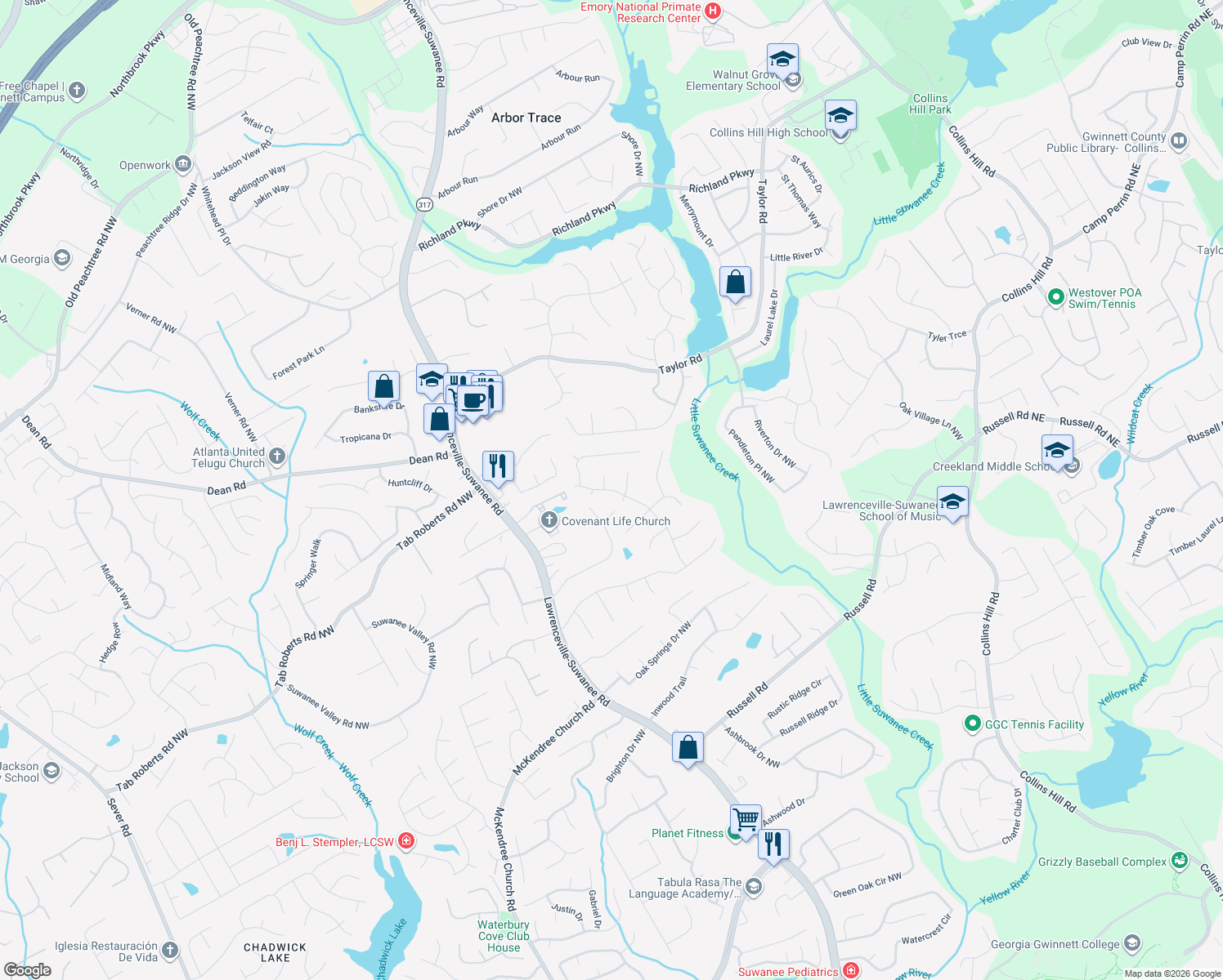 map of restaurants, bars, coffee shops, grocery stores, and more near 2004 Marsh Creek Dr in Lawrenceville