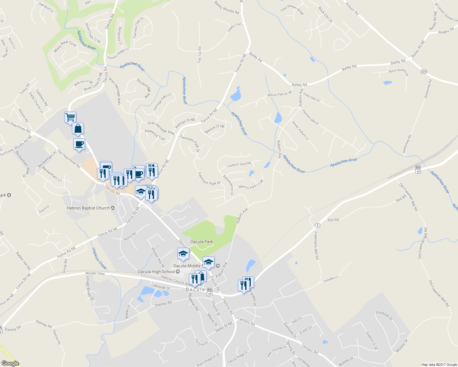 map of restaurants, bars, coffee shops, grocery stores, and more near 270 Ballyshnnon Drive in Dacula