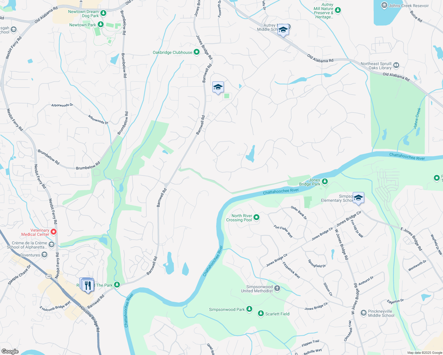 map of restaurants, bars, coffee shops, grocery stores, and more near 8957 Old Southwick Pass in Alpharetta